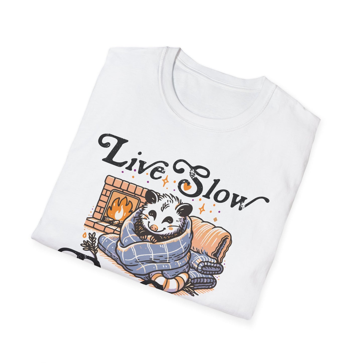 Live Slow Die Cozy Cottagecore Possum Tee for Introverts and Blanket Enthusiasts