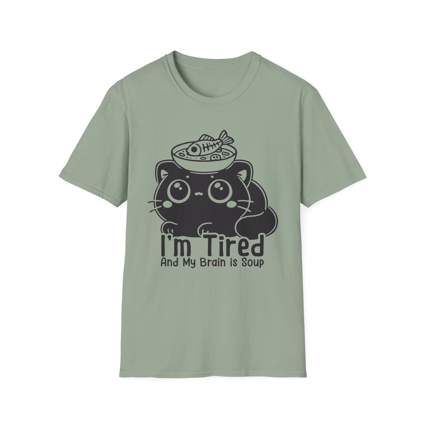 I'm Tired and My Brain is Soup Shirt, Cute Exhausted Cat with Soup Bowl Tee
