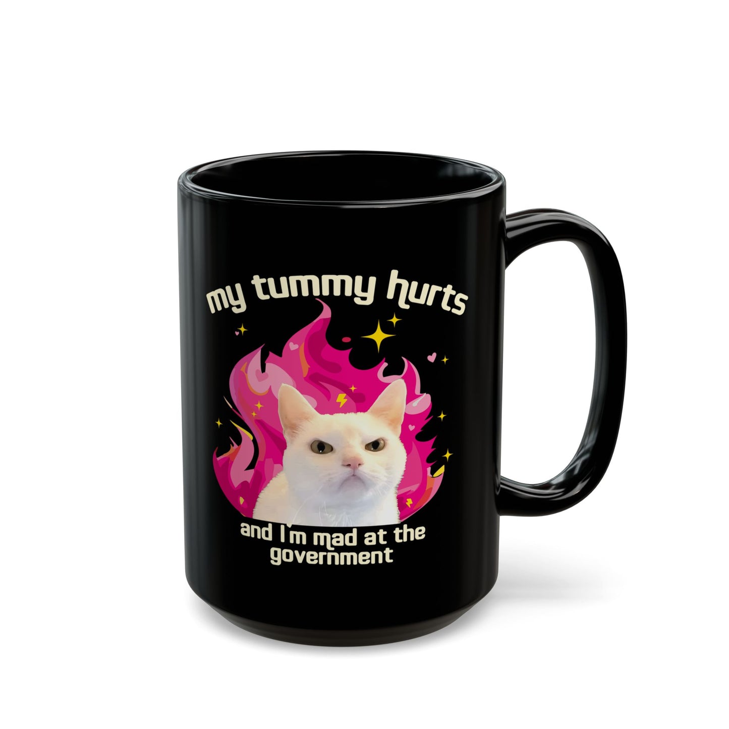 Funny Cat Mug - My Tummy Hurts and Im Mad at the Government Meme Cup for Daily Chaos