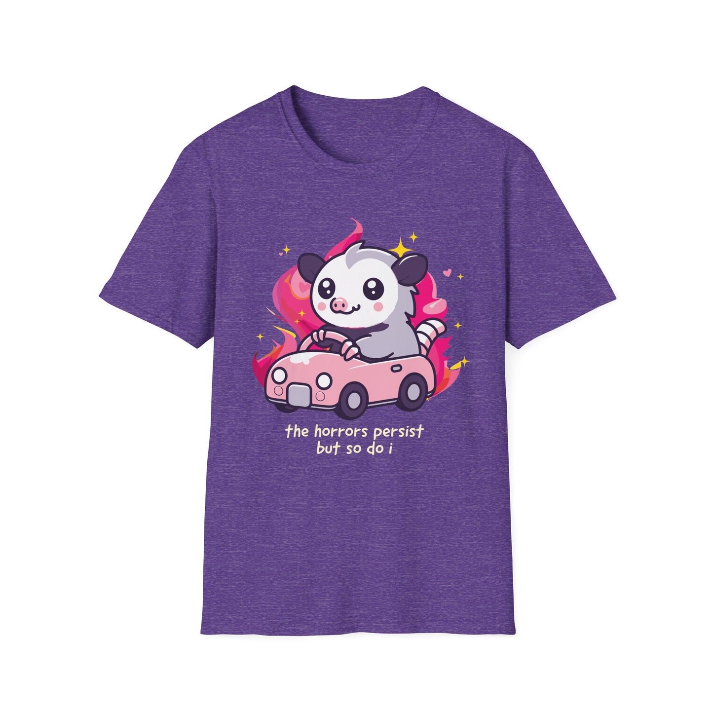 The Horrors Persist But So Do I Tee, Chaotic Possum Meme Shirt for Dark Humor Fans