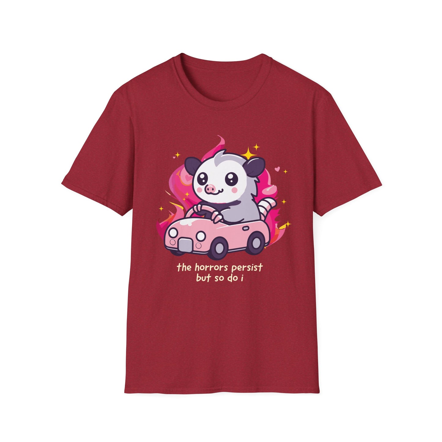The Horrors Persist But So Do I Tee, Chaotic Possum Meme Shirt for Dark Humor Fans