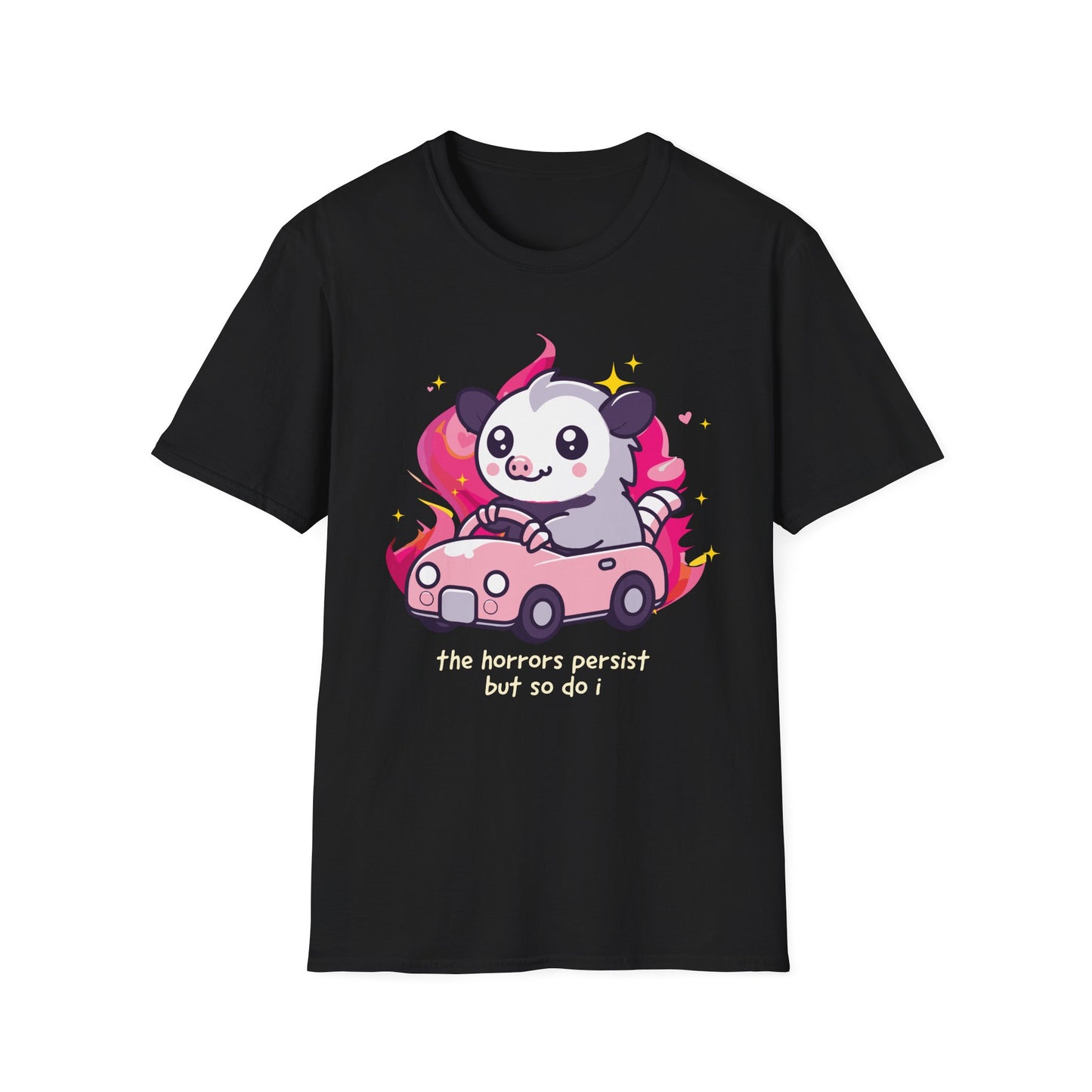 The Horrors Persist But So Do I Tee, Chaotic Possum Meme Shirt for Dark Humor Fans