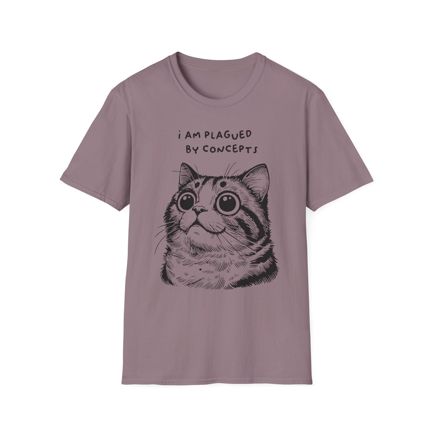 I Am Plagued by Concepts Tee, Existential Meme Cat Design for Overthinkers