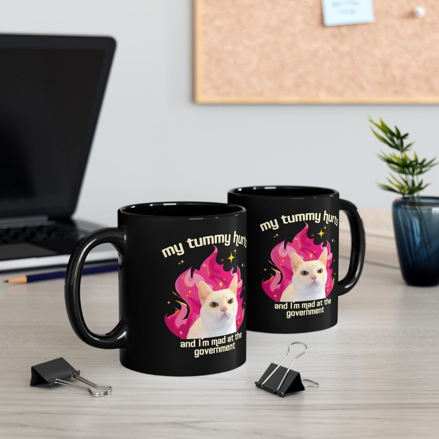 Funny Cat Mug - My Tummy Hurts and Im Mad at the Government Meme Cup for Daily Chaos