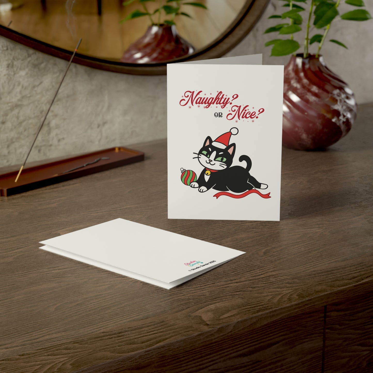 Naughty Santa Cat on White Greeting Cards (1, 10, 30, and 50pcs)