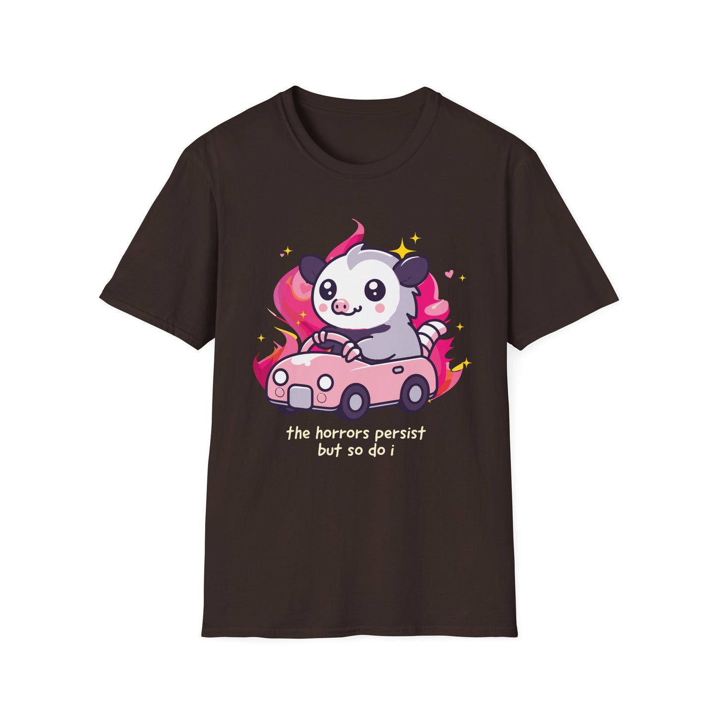 The Horrors Persist But So Do I Tee, Chaotic Possum Meme Shirt for Dark Humor Fans