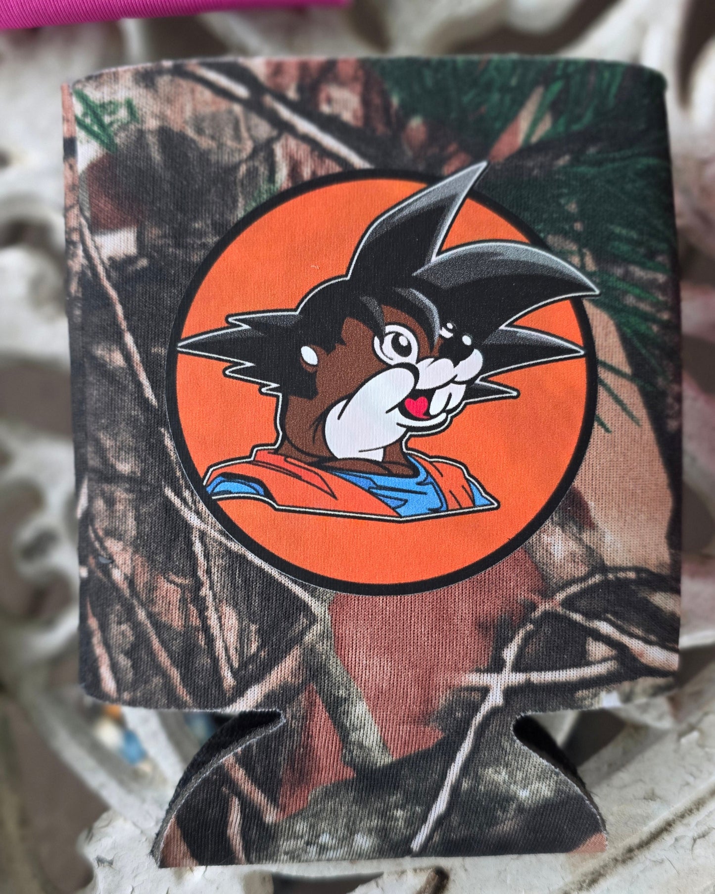Camouflage-patterned card with a cartoon dog design on a textured background