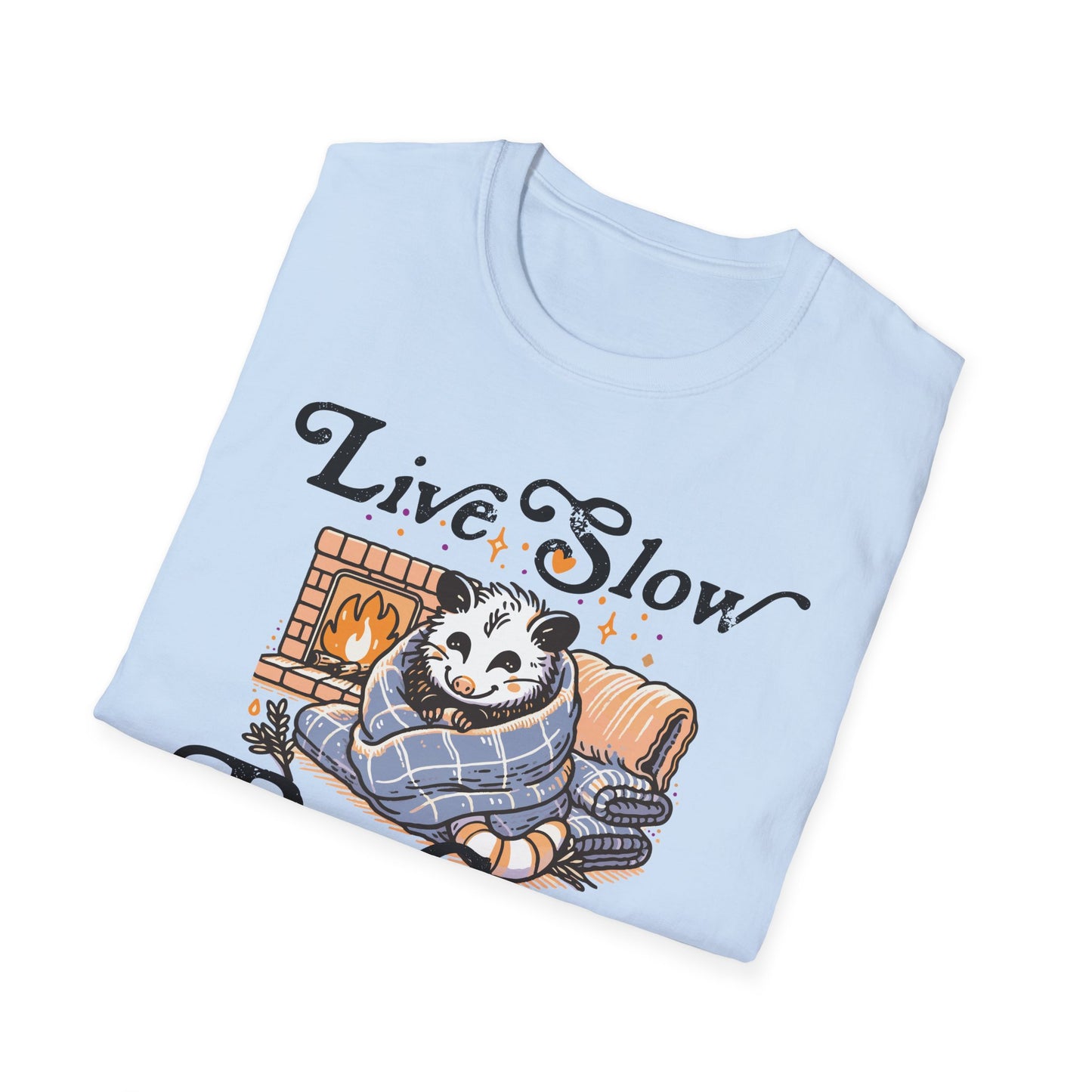 Live Slow Die Cozy Cottagecore Possum Tee for Introverts and Blanket Enthusiasts