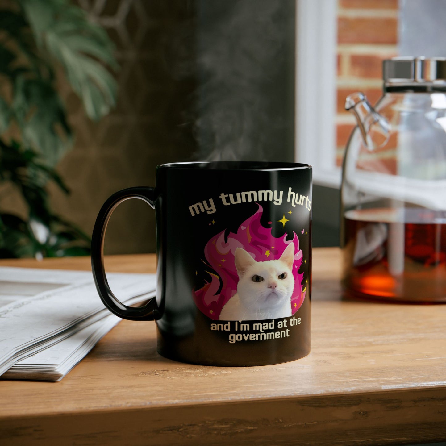 Funny Cat Mug - My Tummy Hurts and Im Mad at the Government Meme Cup for Daily Chaos