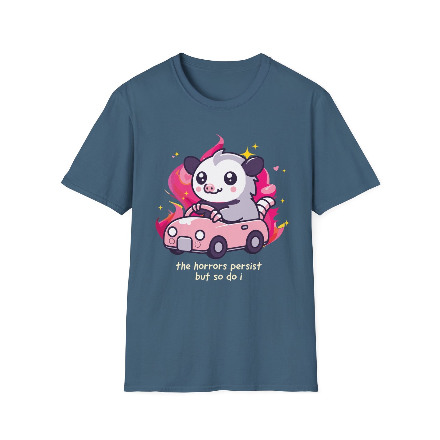 The Horrors Persist But So Do I Tee, Chaotic Possum Meme Shirt for Dark Humor Fans