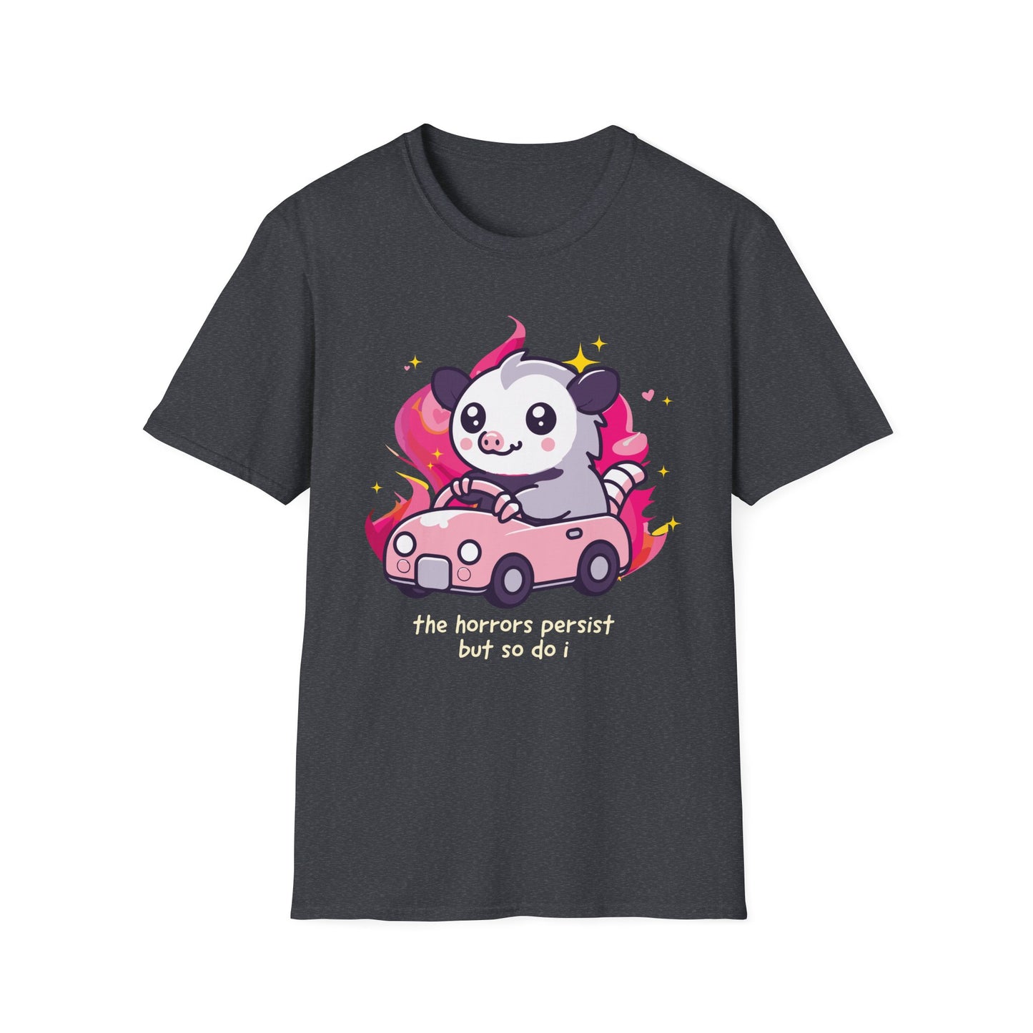 The Horrors Persist But So Do I Tee, Chaotic Possum Meme Shirt for Dark Humor Fans