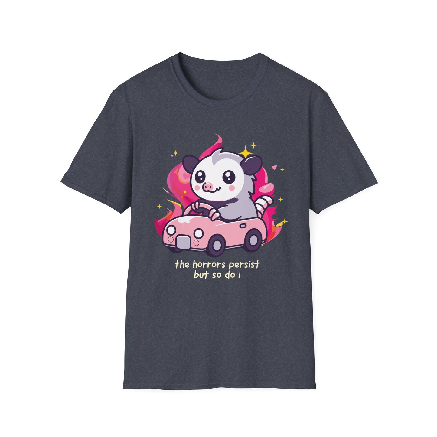 The Horrors Persist But So Do I Tee, Chaotic Possum Meme Shirt for Dark Humor Fans