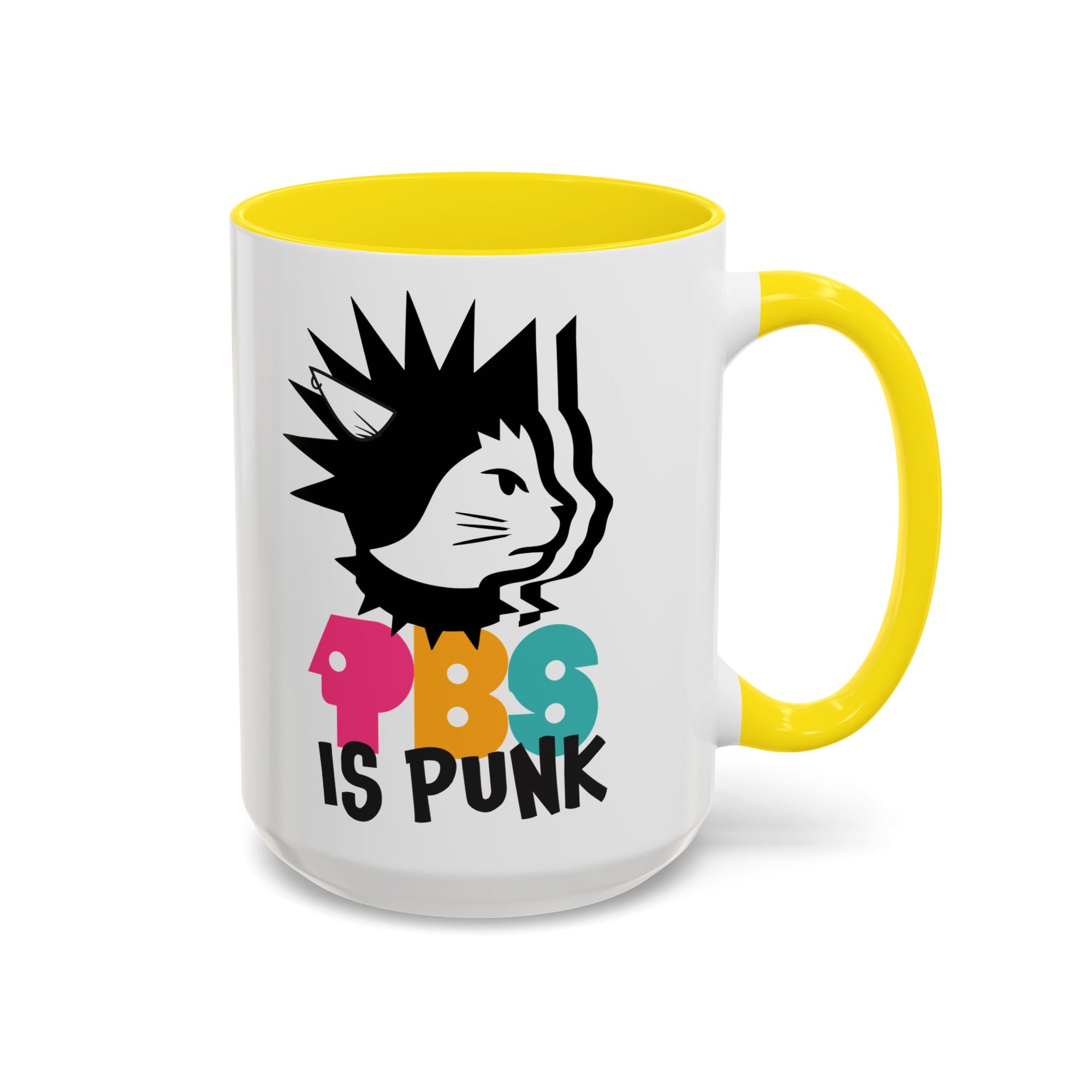 Mug with yellow interior and handle, featuring a graphic of a cat and text on a white background
