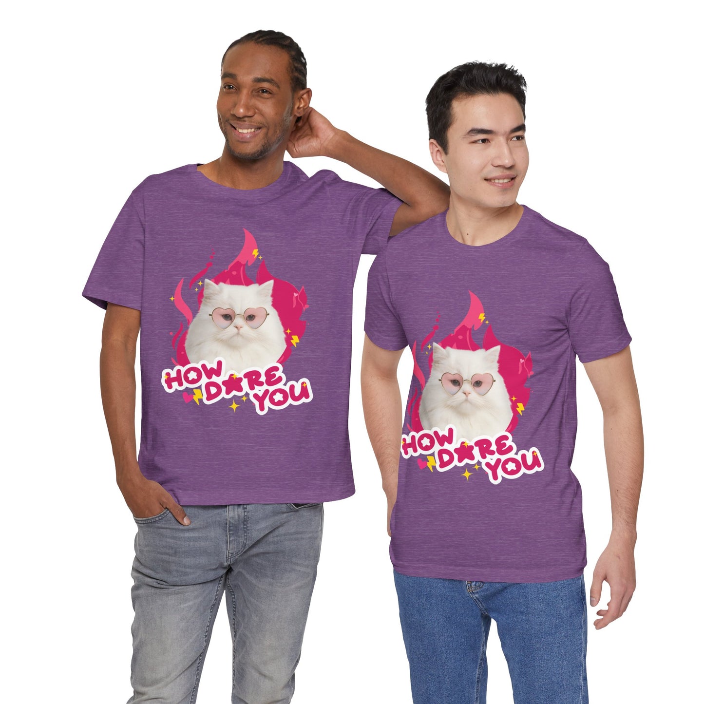 Two men wearing purple t-shirts with a cat graphic and text 'HOW DARE YOU' on a white background.
