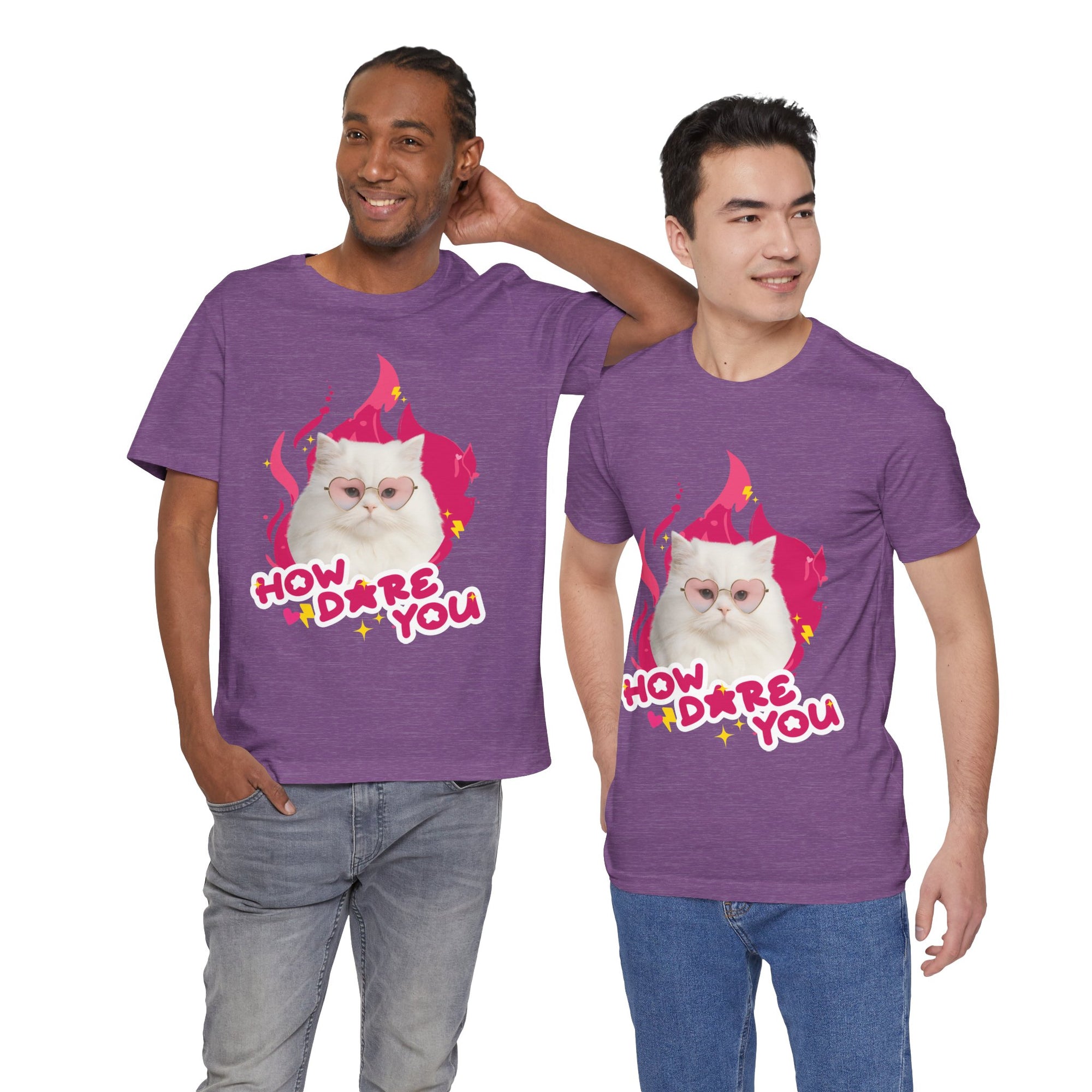 Two men wearing purple t-shirts with a cat graphic and text 'HOW DARE YOU' on a white background.