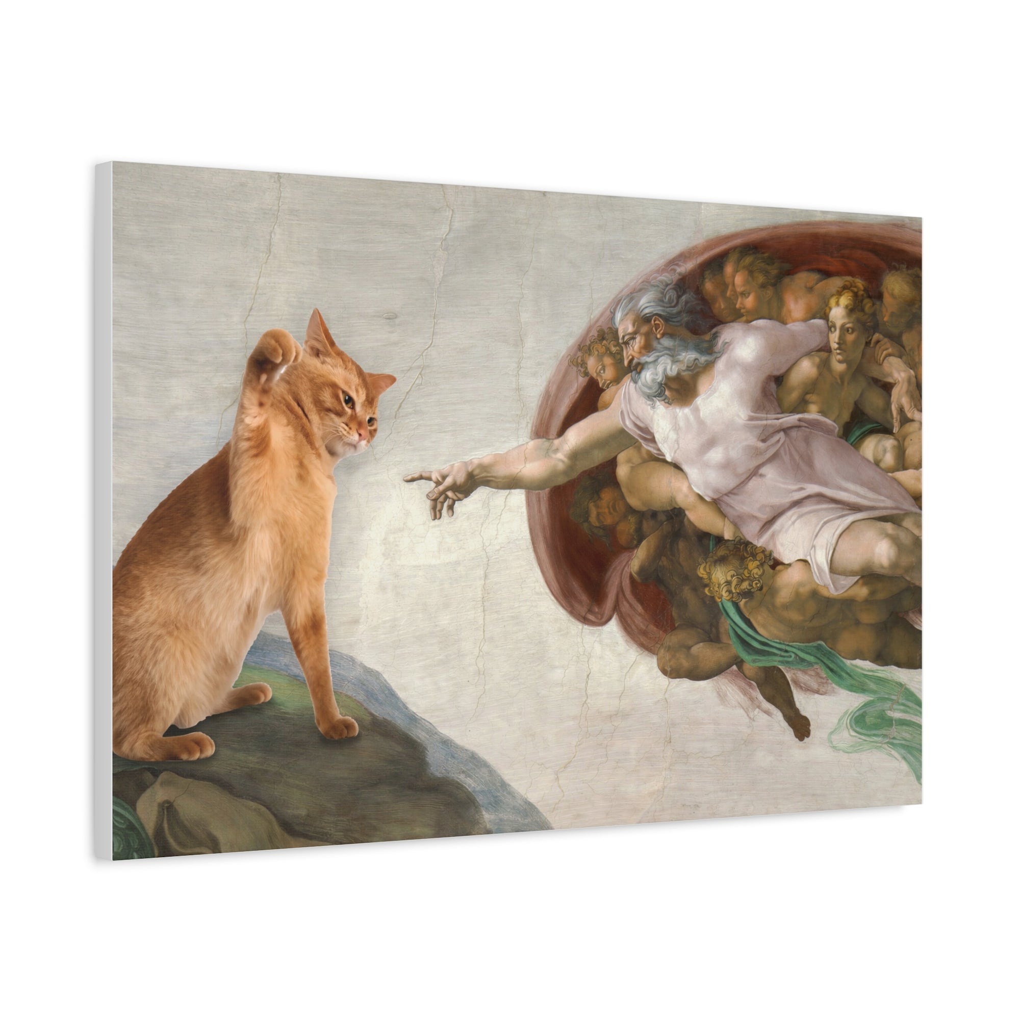 Surreal artwork of a cat interacting with Michelangelo's ' Creation of Adam' on a white background