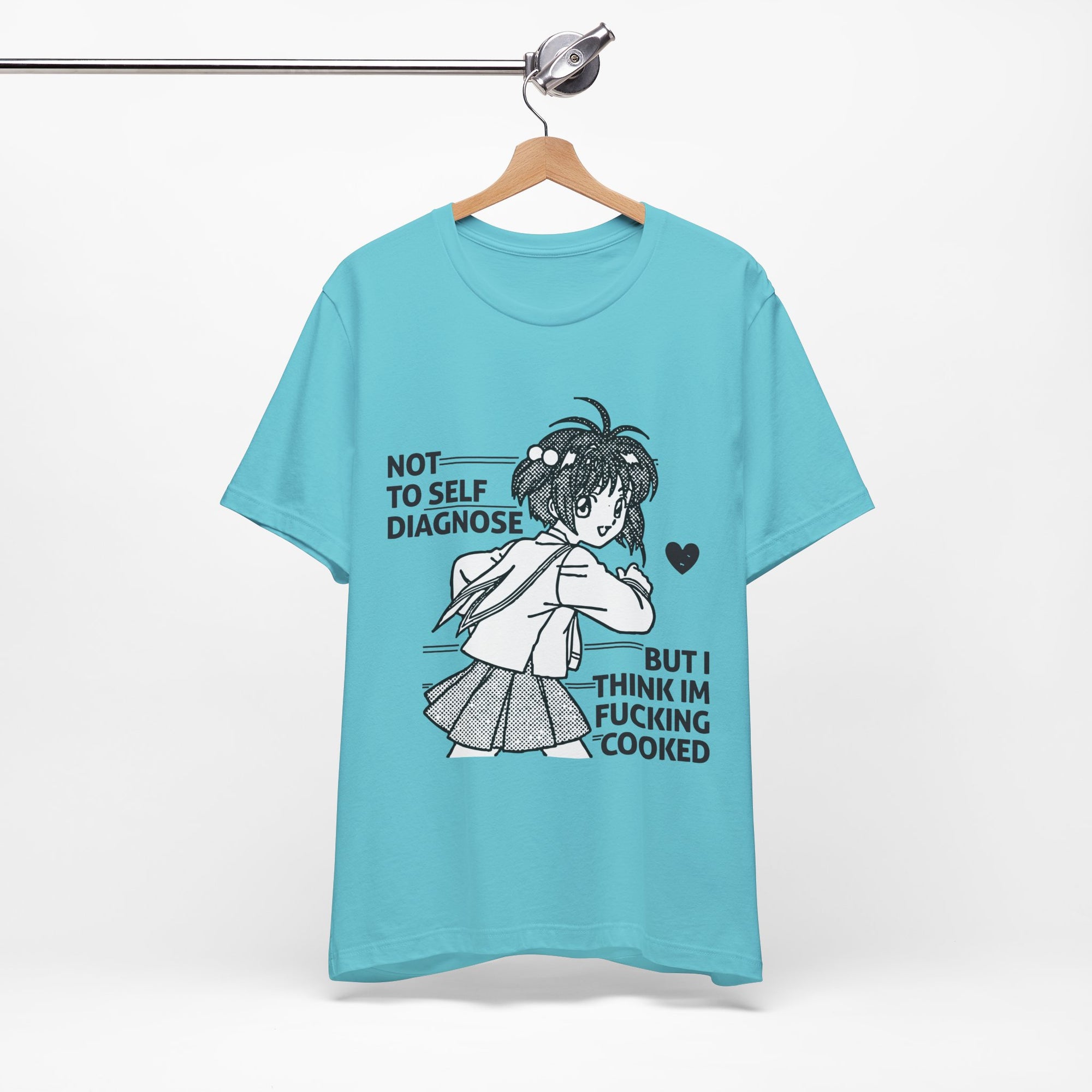 Blue t-shirt with graphic design and text on a hanger against a white background