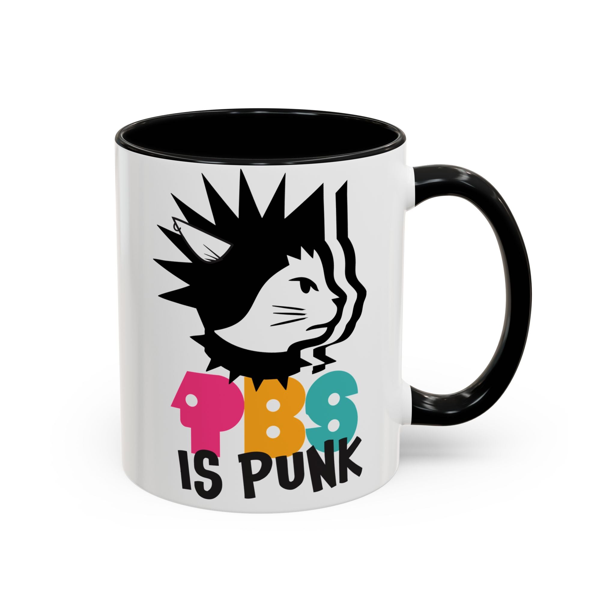 Mug with a graphic design of a cat with spiky hair and colorful text on a white background