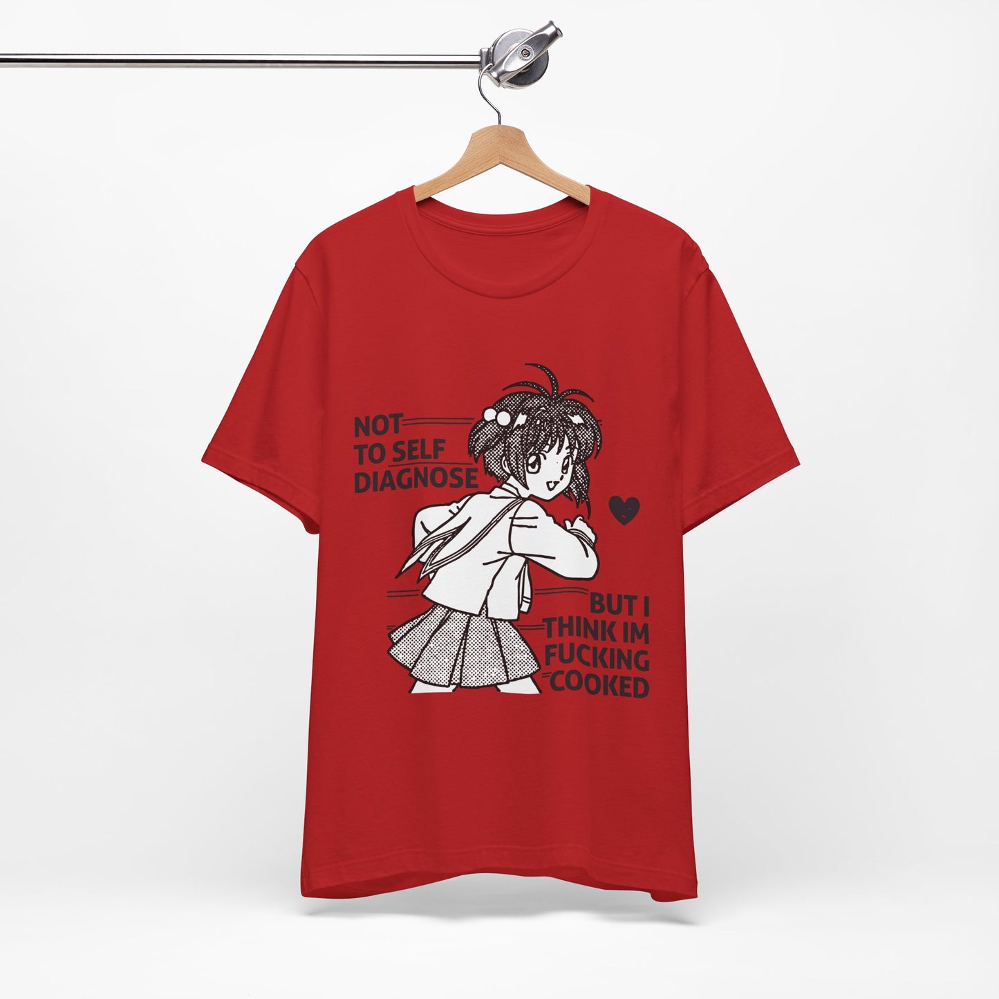 Red t-shirt with graphic design and text on a hanger against a white background