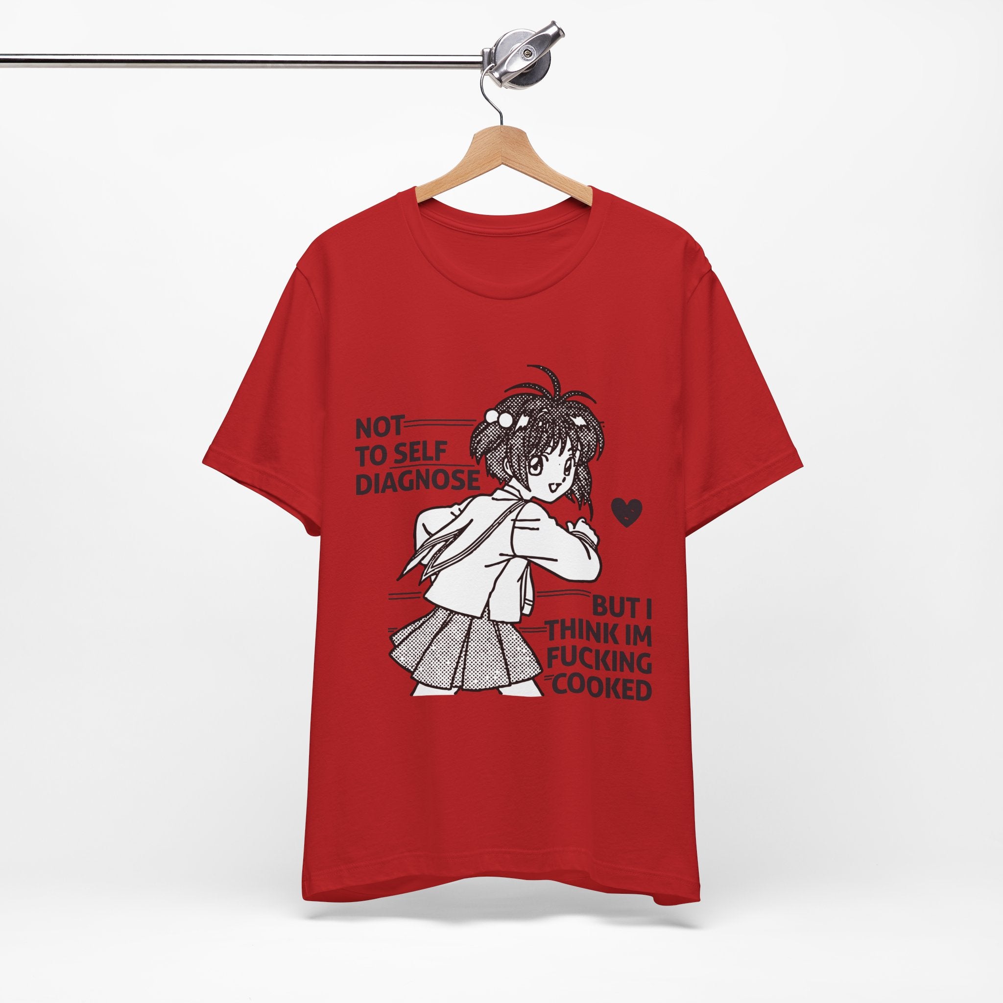Red t-shirt with graphic design and text on a hanger against a white background