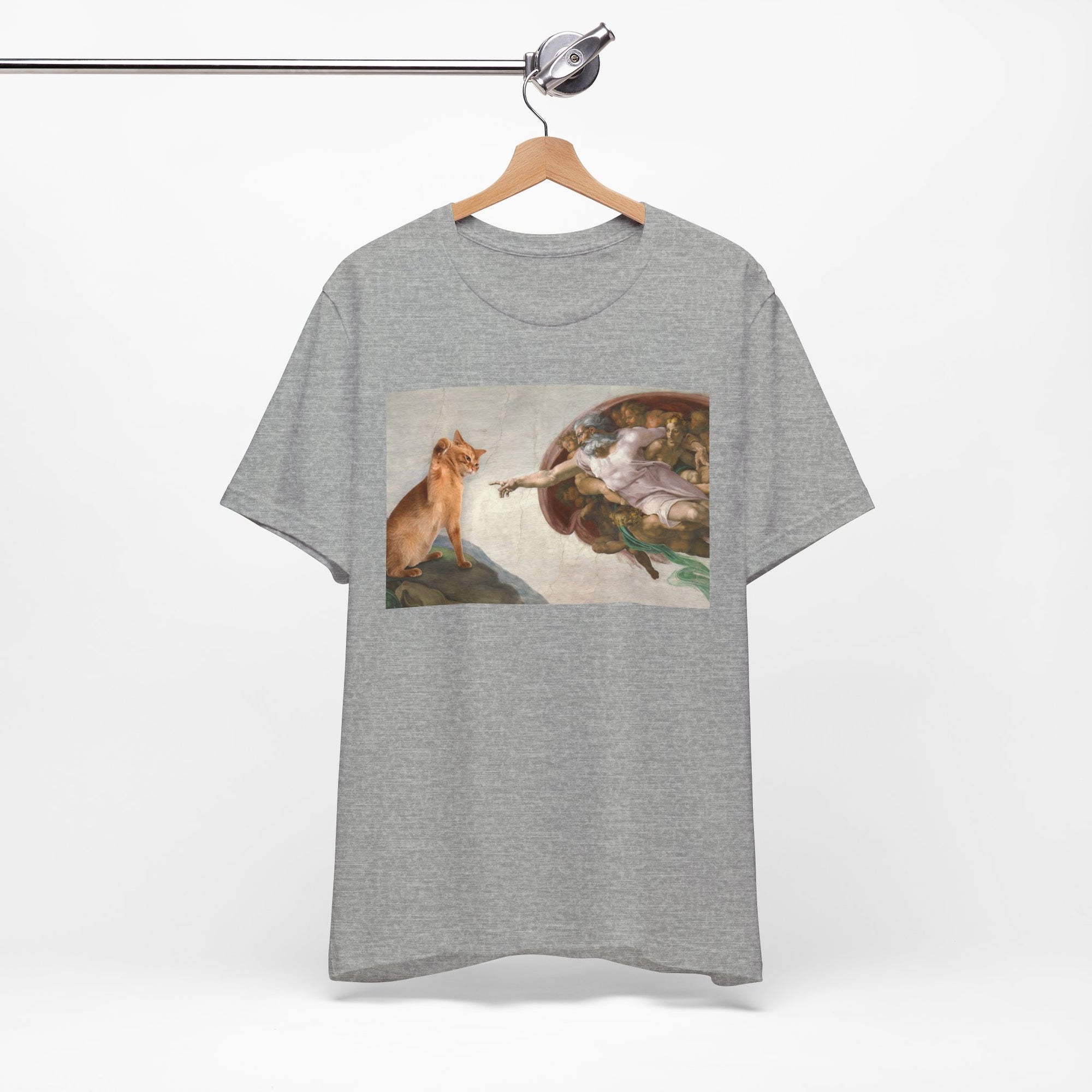 Gray t-shirt with a graphic of a cat and god on a hanger against a white background