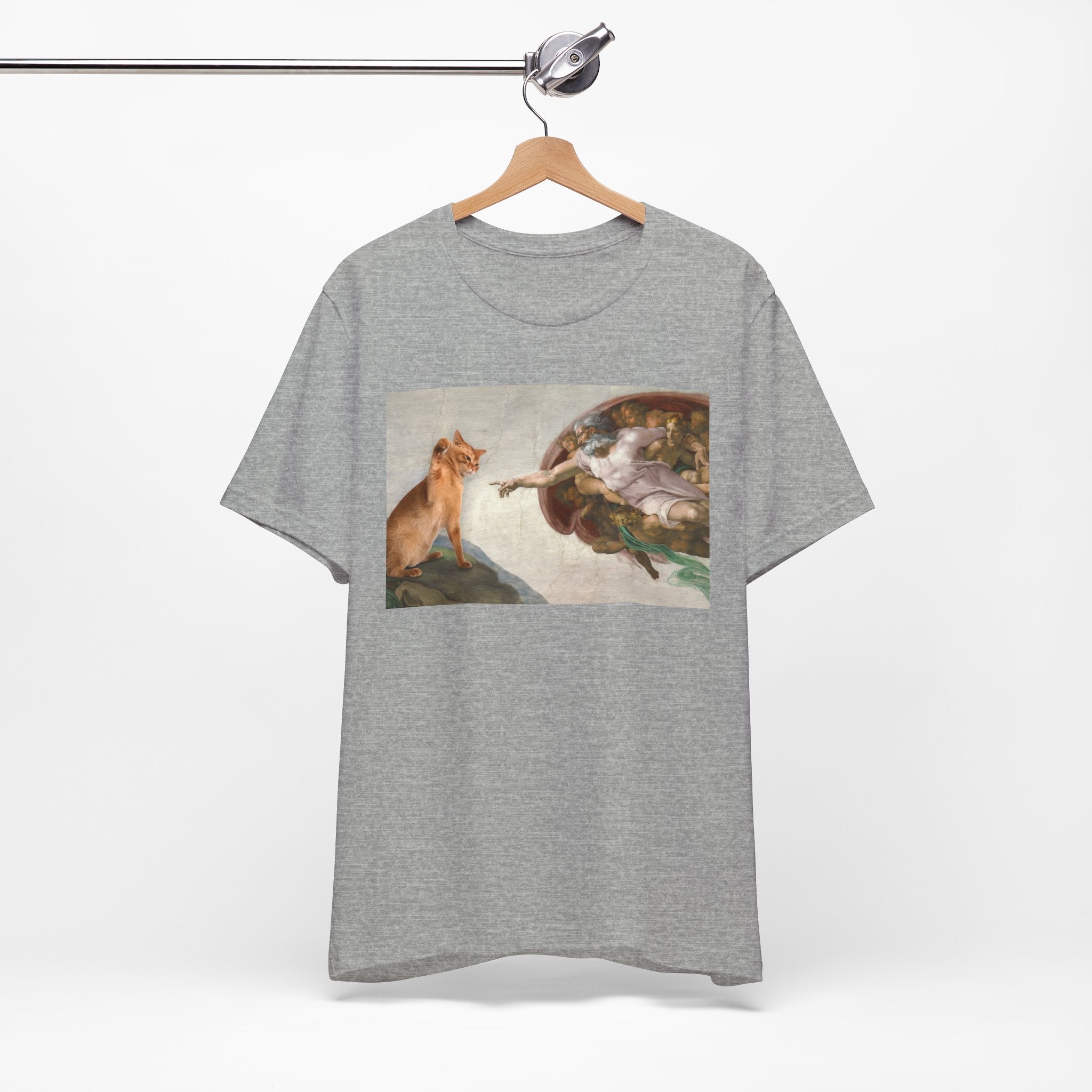 Gray t-shirt with a graphic of a cat and god on a hanger against a white background