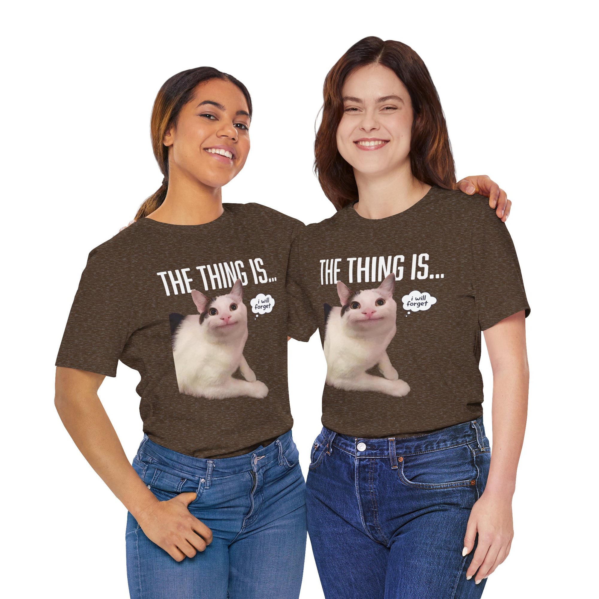Two people wearing brown t-shirts with a cat graphic and text on a white background
