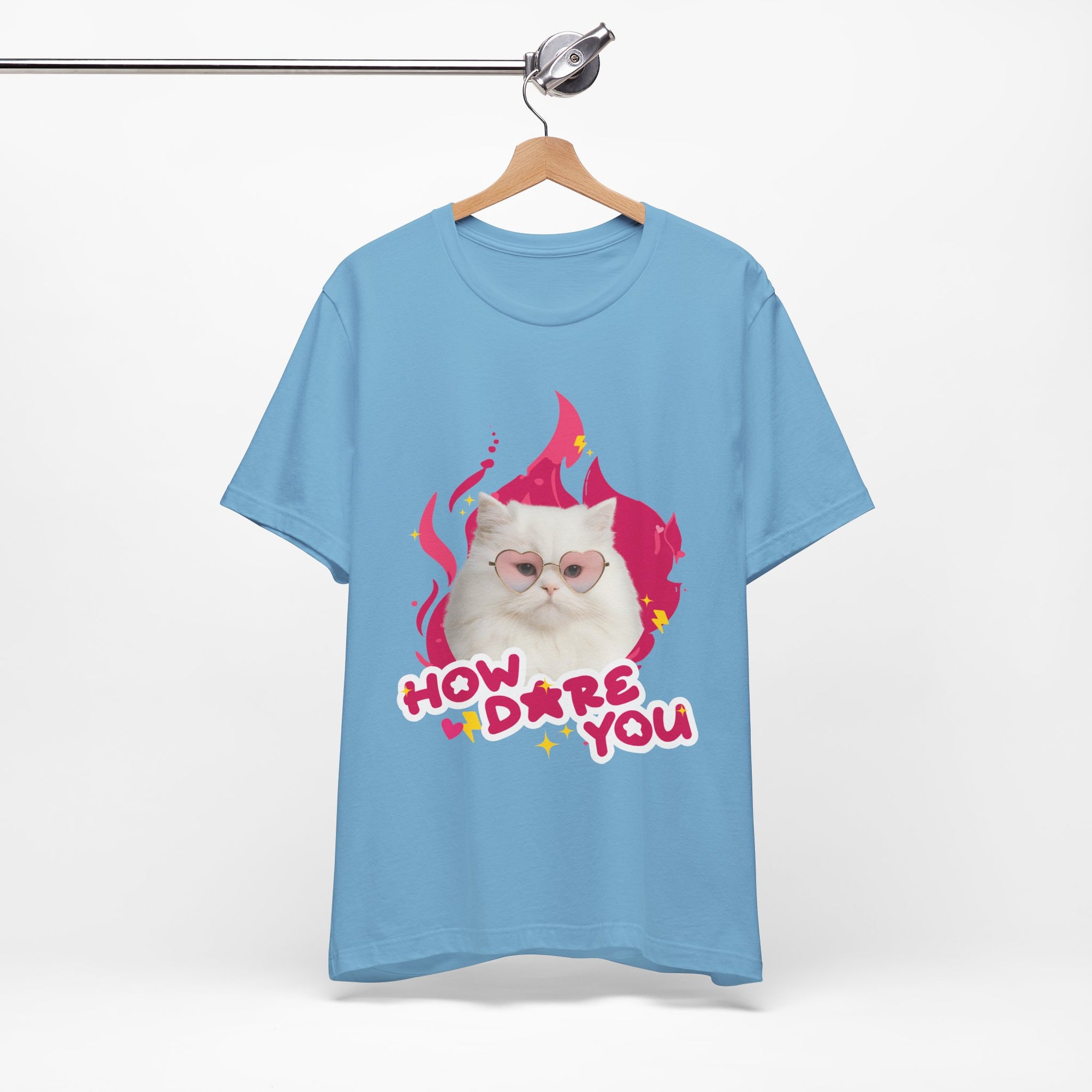 Blue t-shirt with a cat graphic and text on a hanger against a white background