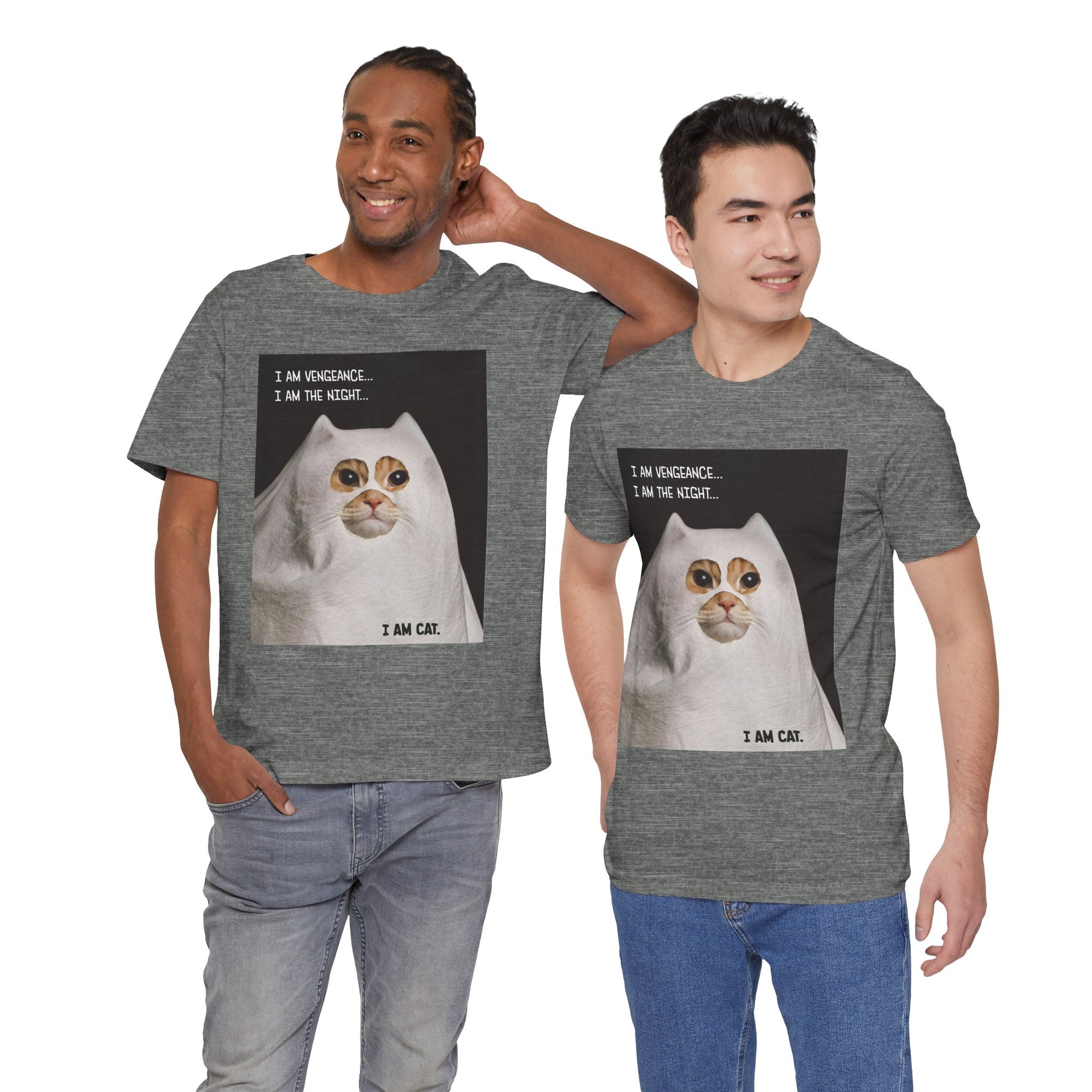 Two men wearing gray t-shirts with a cat graphic and text.