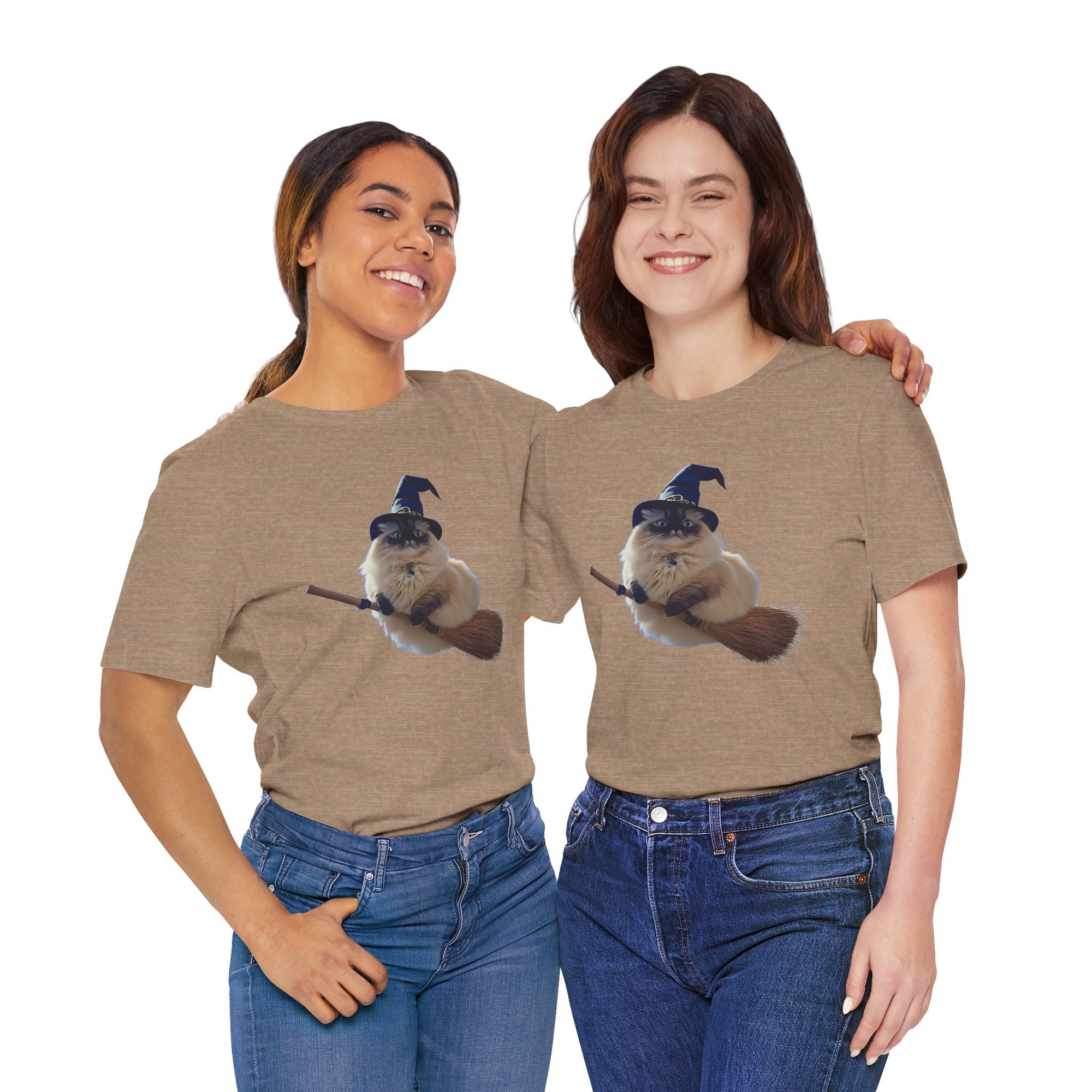 Two people wearing matching brown t-shirts with a graphic of a cat in a witch hat and broom.