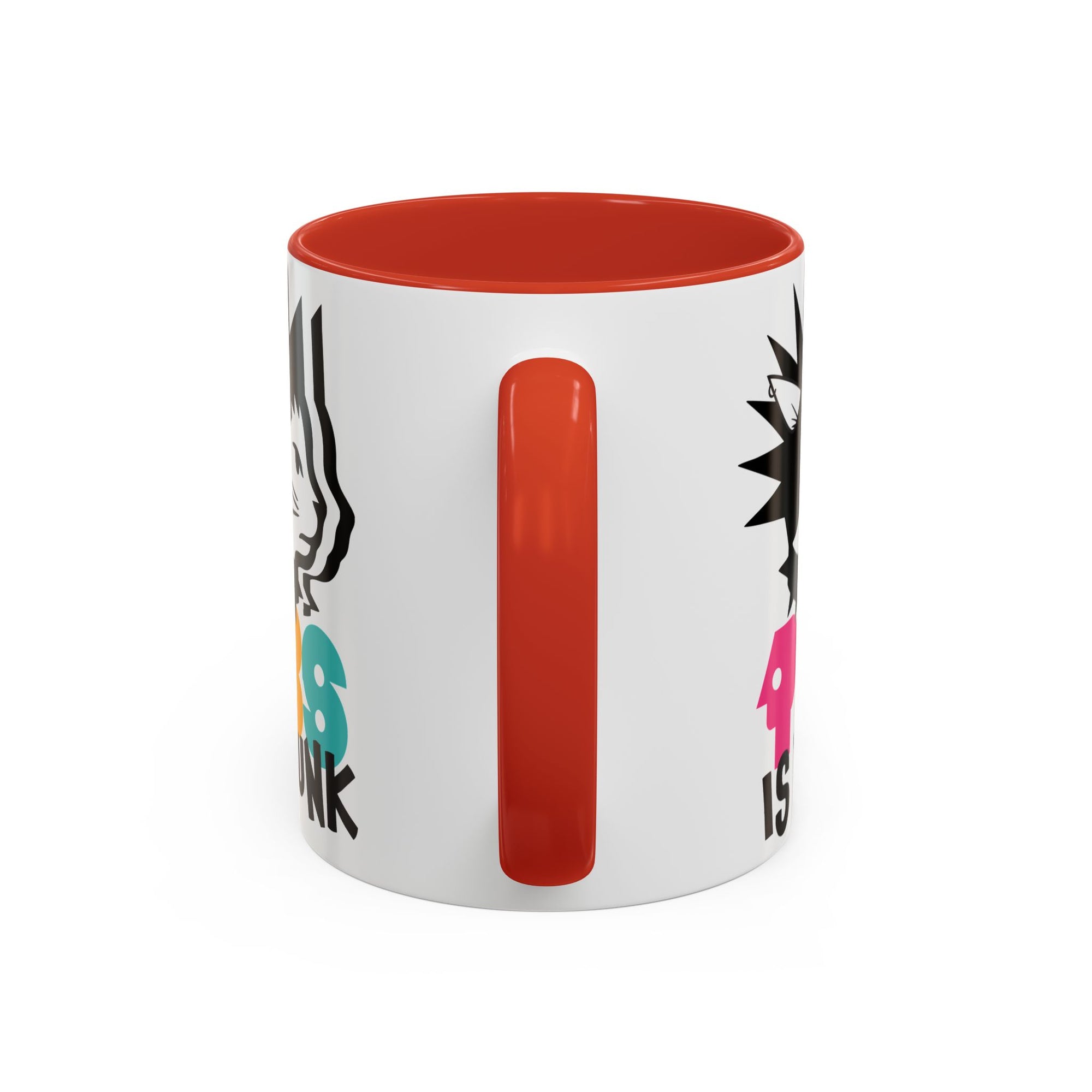 White mug with colorful text and red interior on a white background
