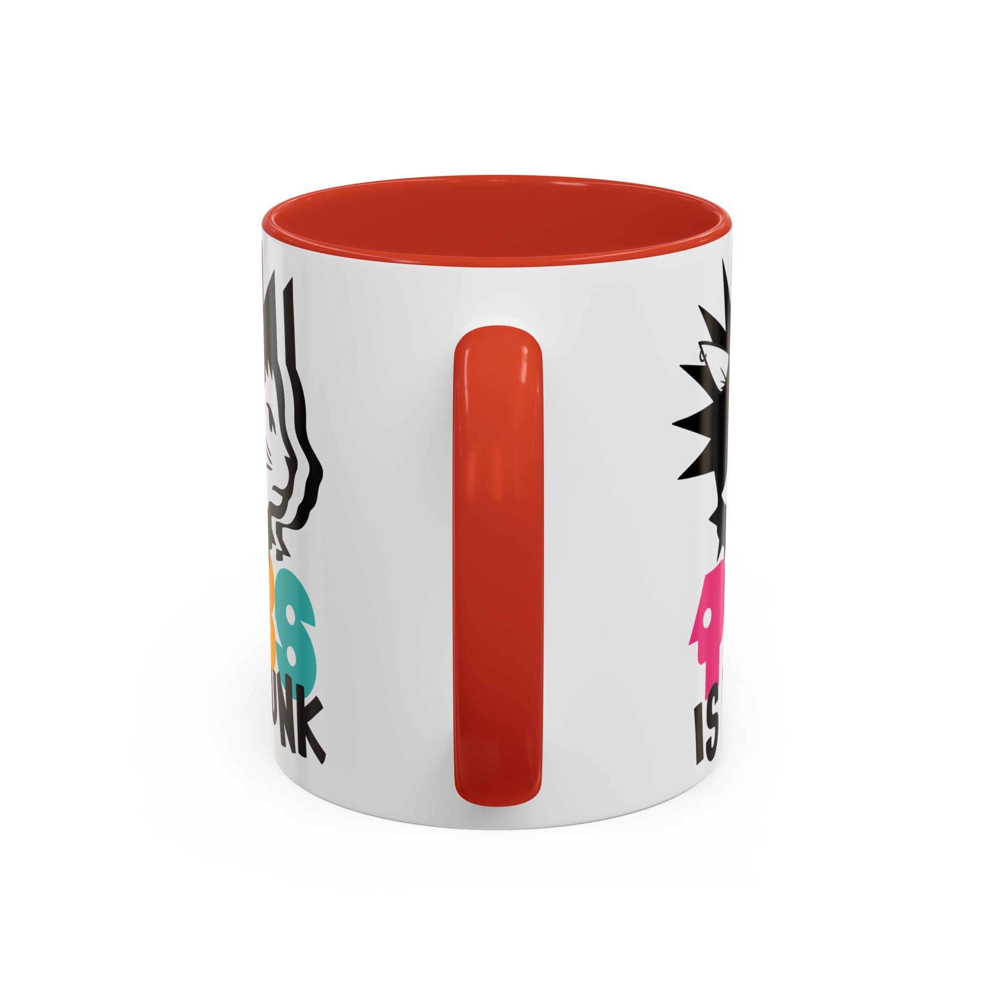 White mug with colorful text and red interior on a white background