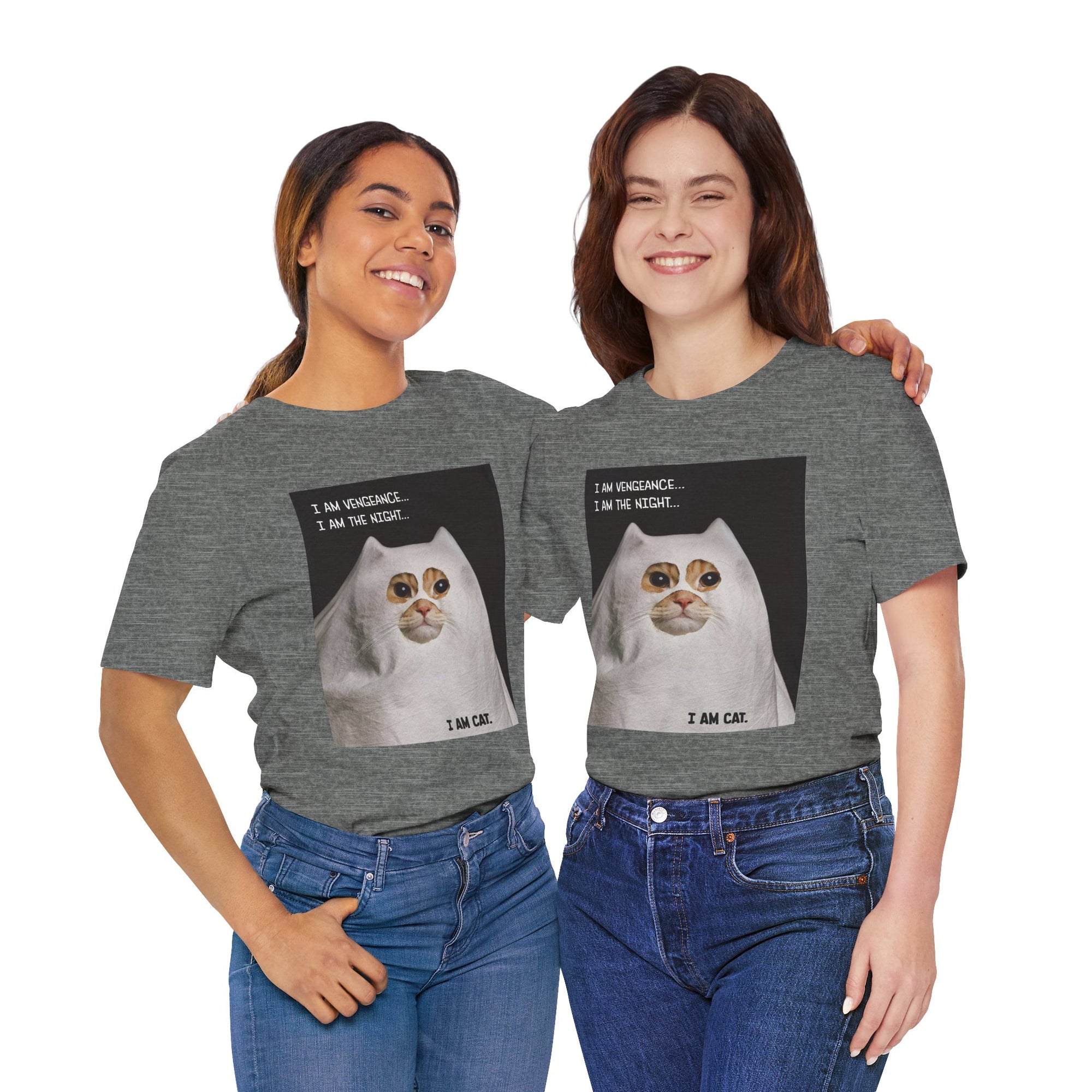 Two people wearing gray t-shirts with a cat graphic and text.