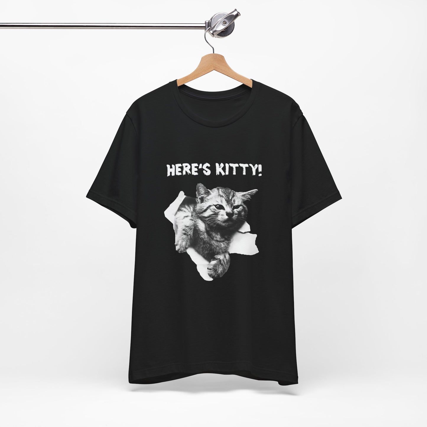 Black t-shirt with a graphic of a cat and 'HERE'S KITTY!' text on a white background
