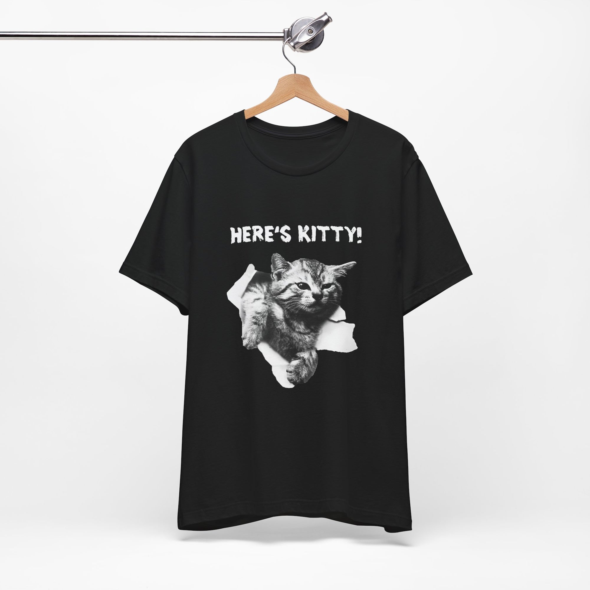 Black t-shirt with a graphic of a cat and 'HERE'S KITTY!' text on a white background