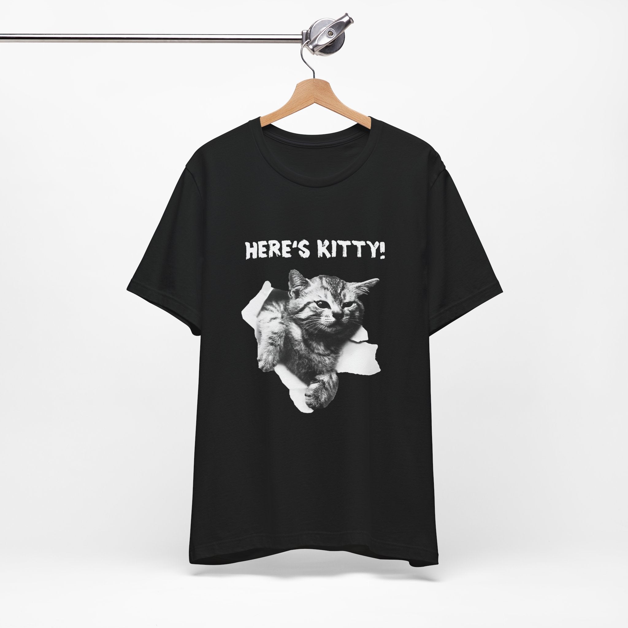 Black t-shirt with a graphic of a cat and 'HERE'S KITTY!' text on a white background