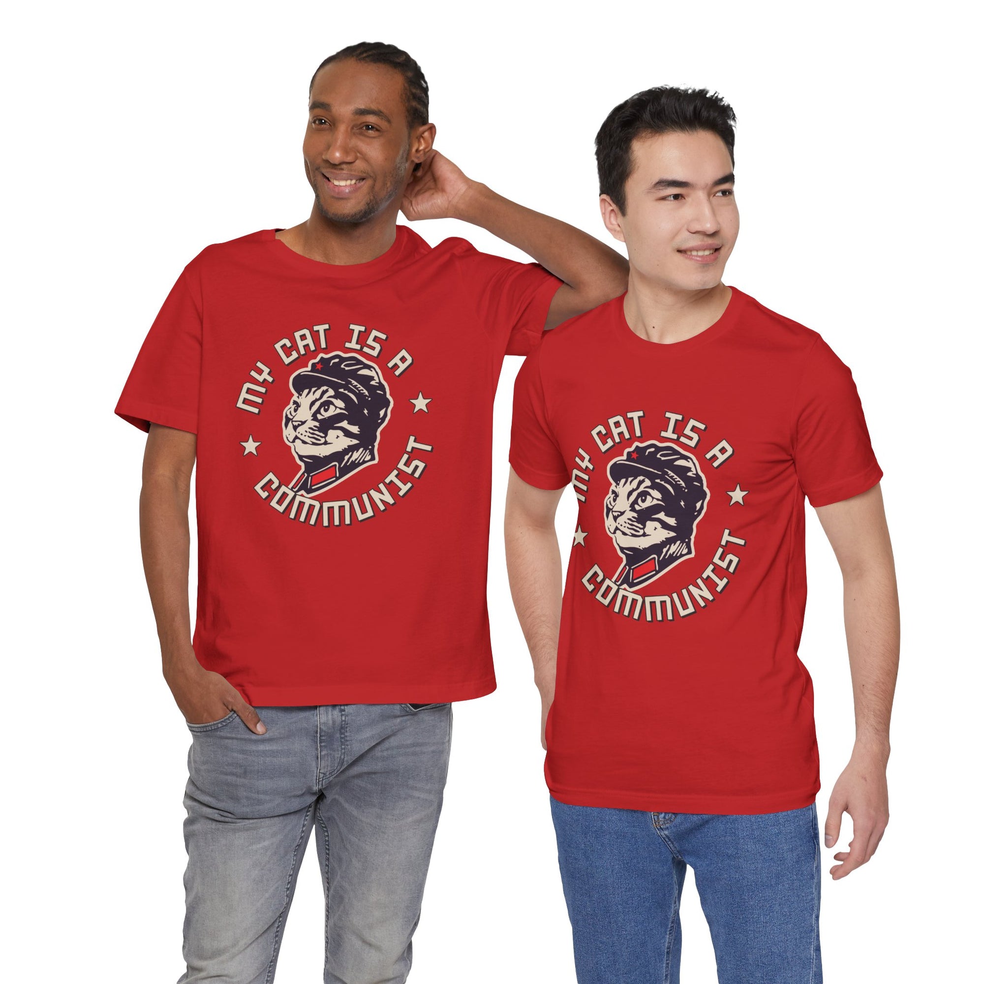 Two men wearing red t-shirts with a graphic design and text.