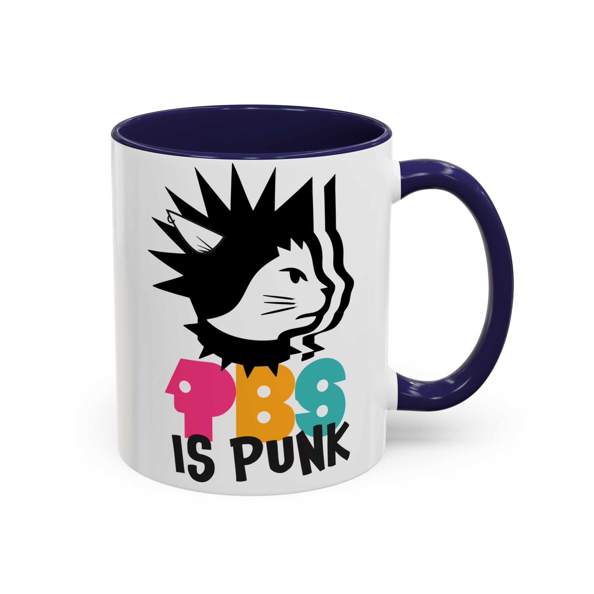 Mug with a graphic design of a cat with spiky hair and colorful text on a white background