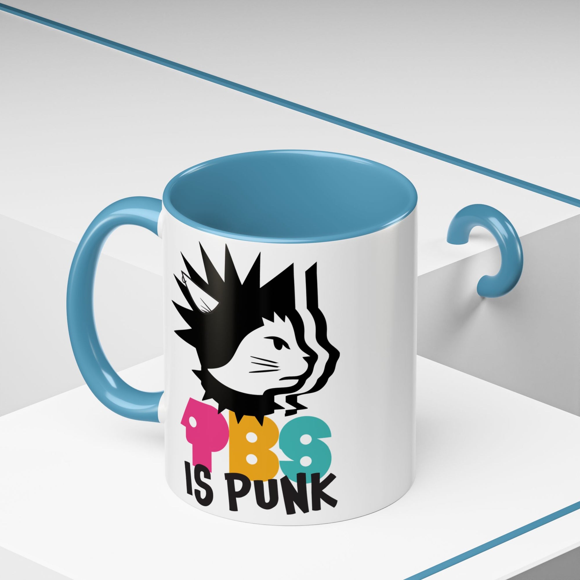 Mug with a graphic design and text on a white background
