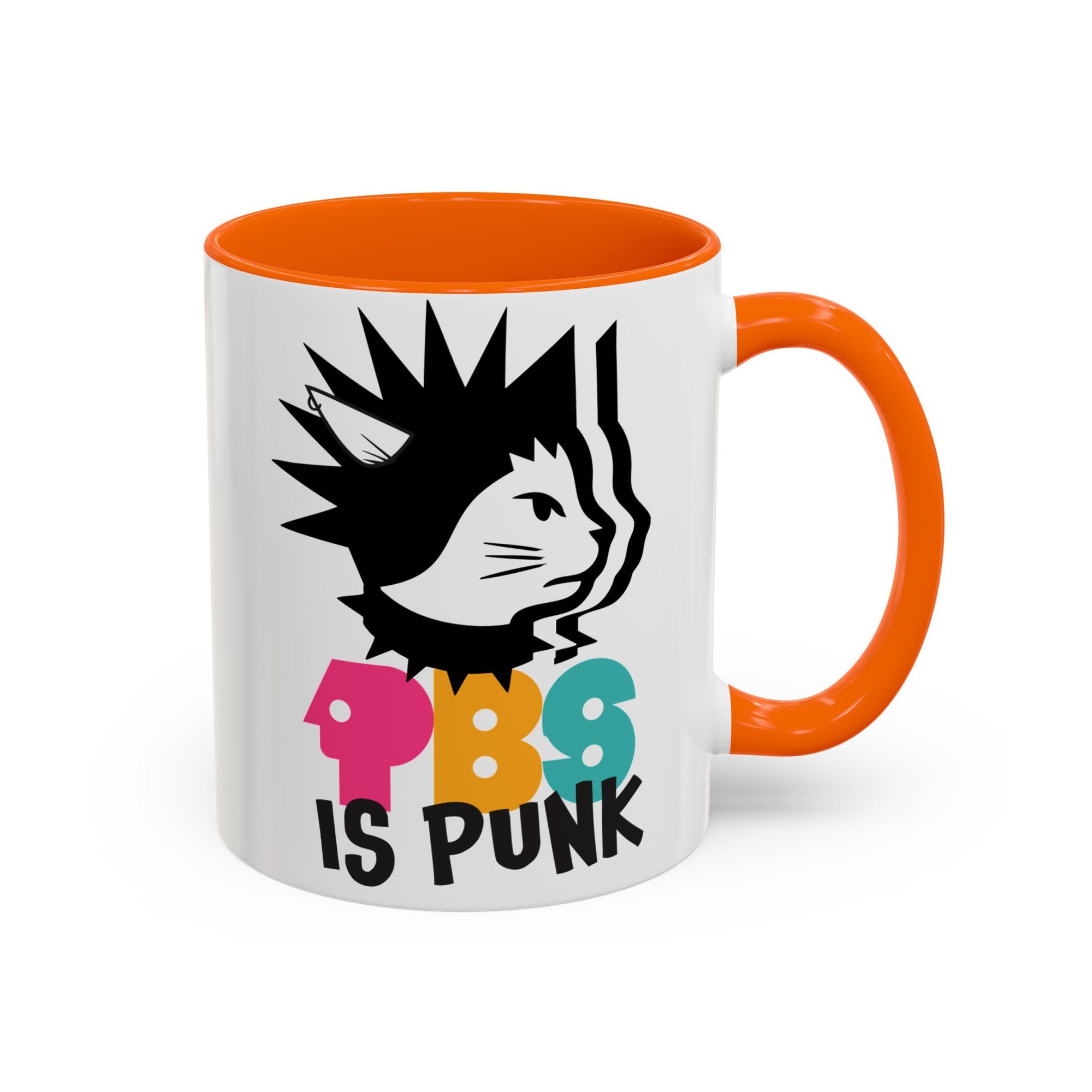 Mug with colorful design and text on a white background