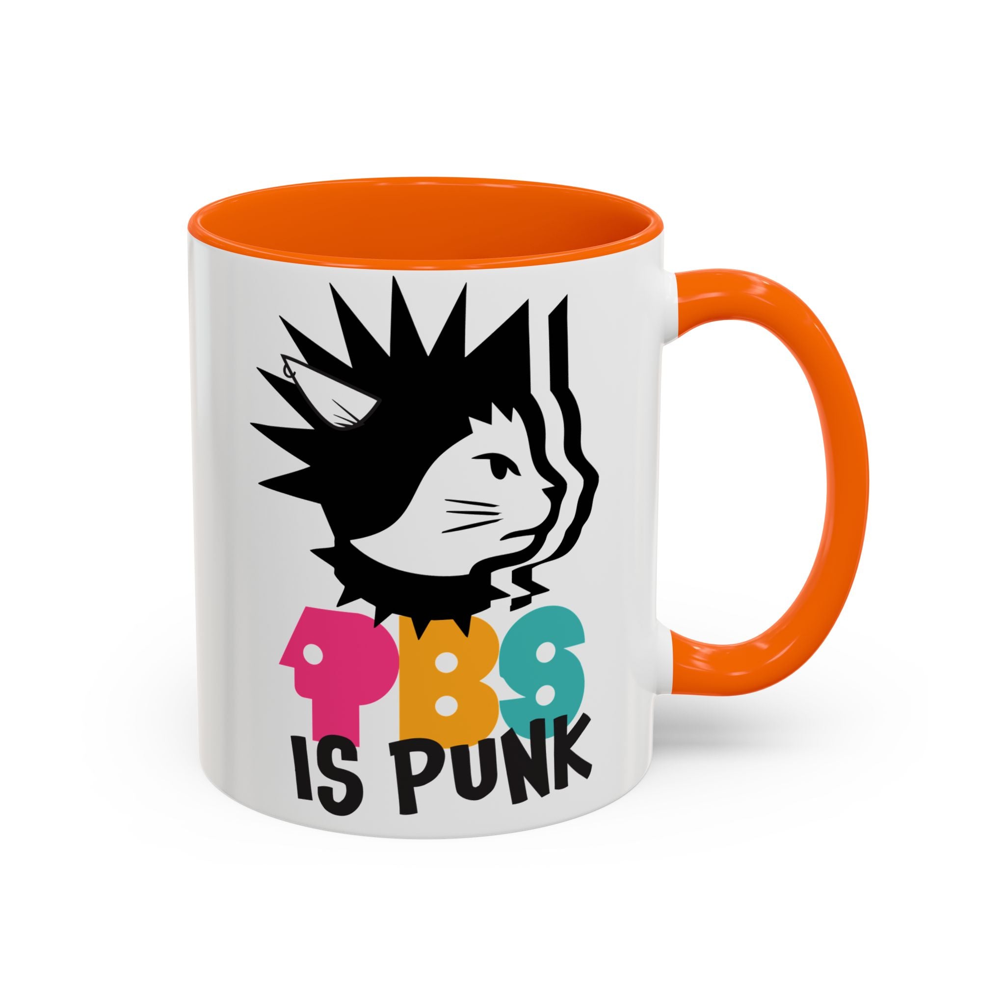 Mug with colorful design and text on a white background