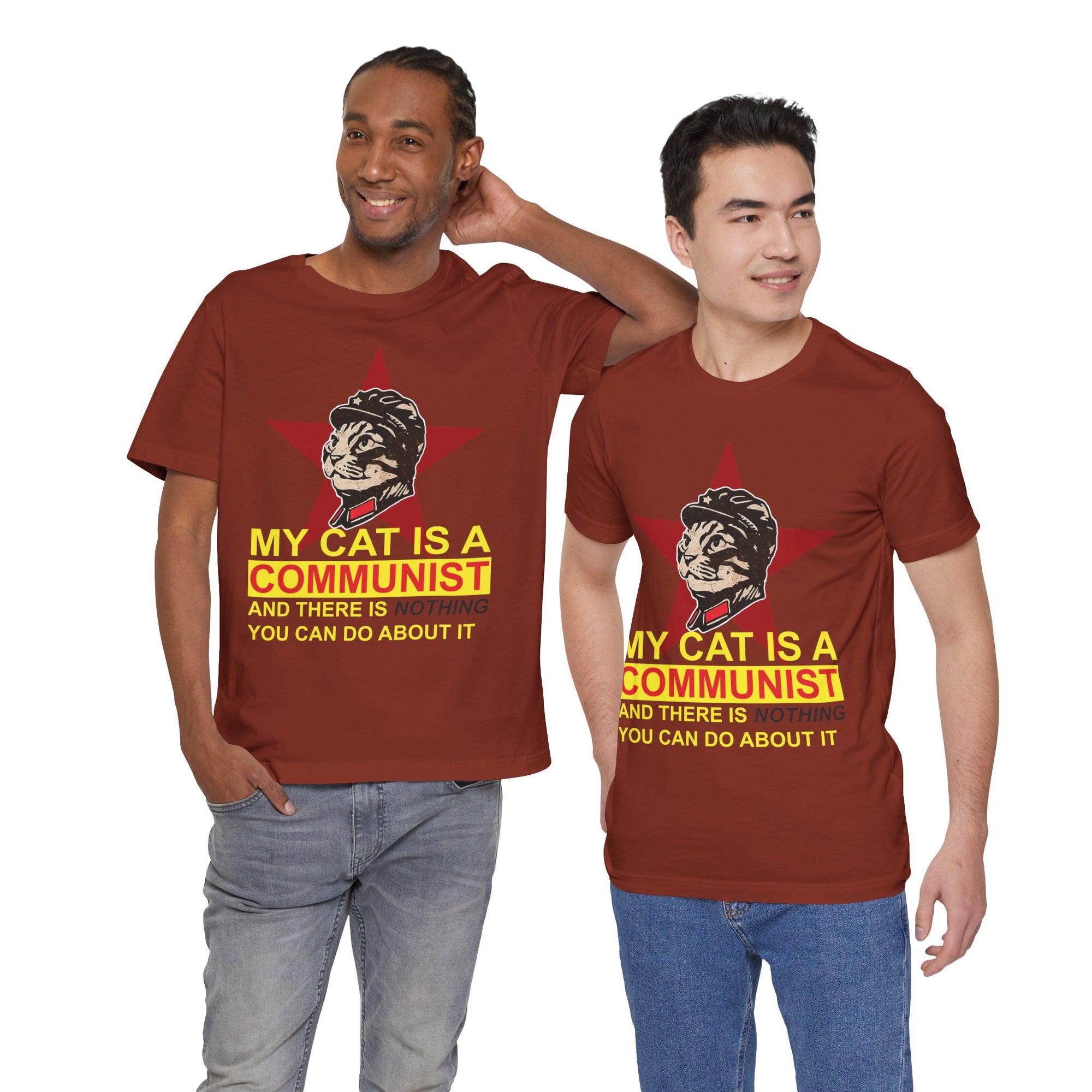Two men wearing t-shirts with a graphic of a cat and text.
