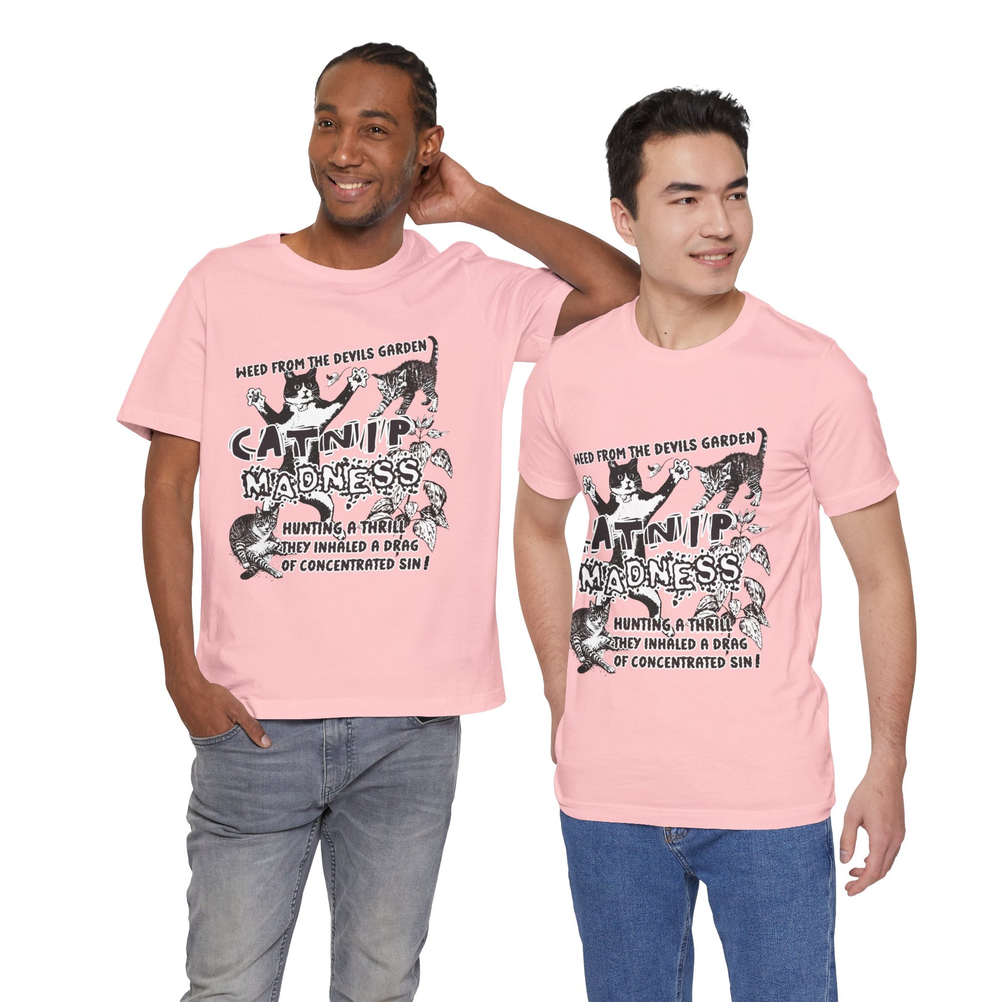 Two men wearing pink t-shirts with a colorful graphic design on a white background