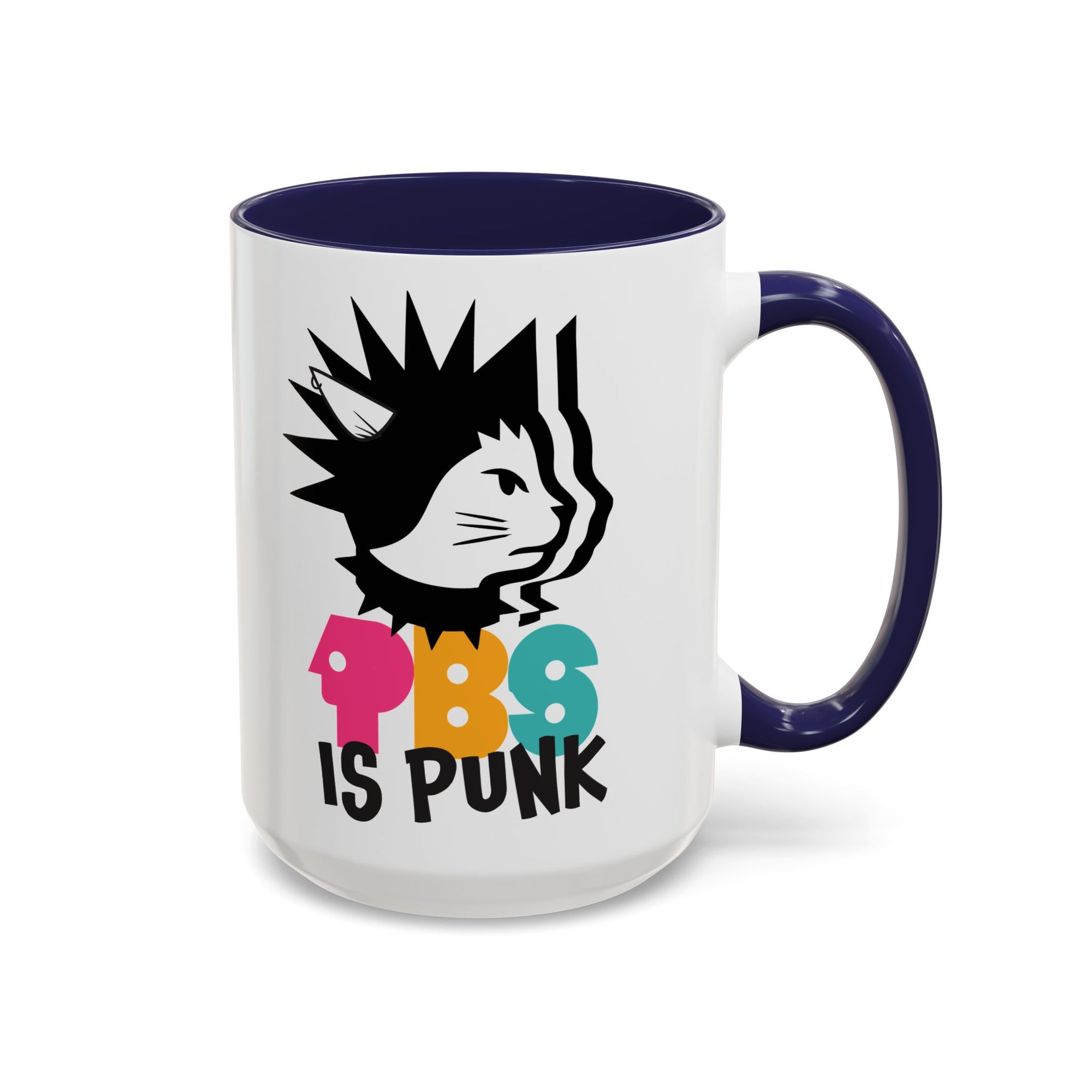 Mug with a design of a cat and text 'PBS is Punk' on a white background