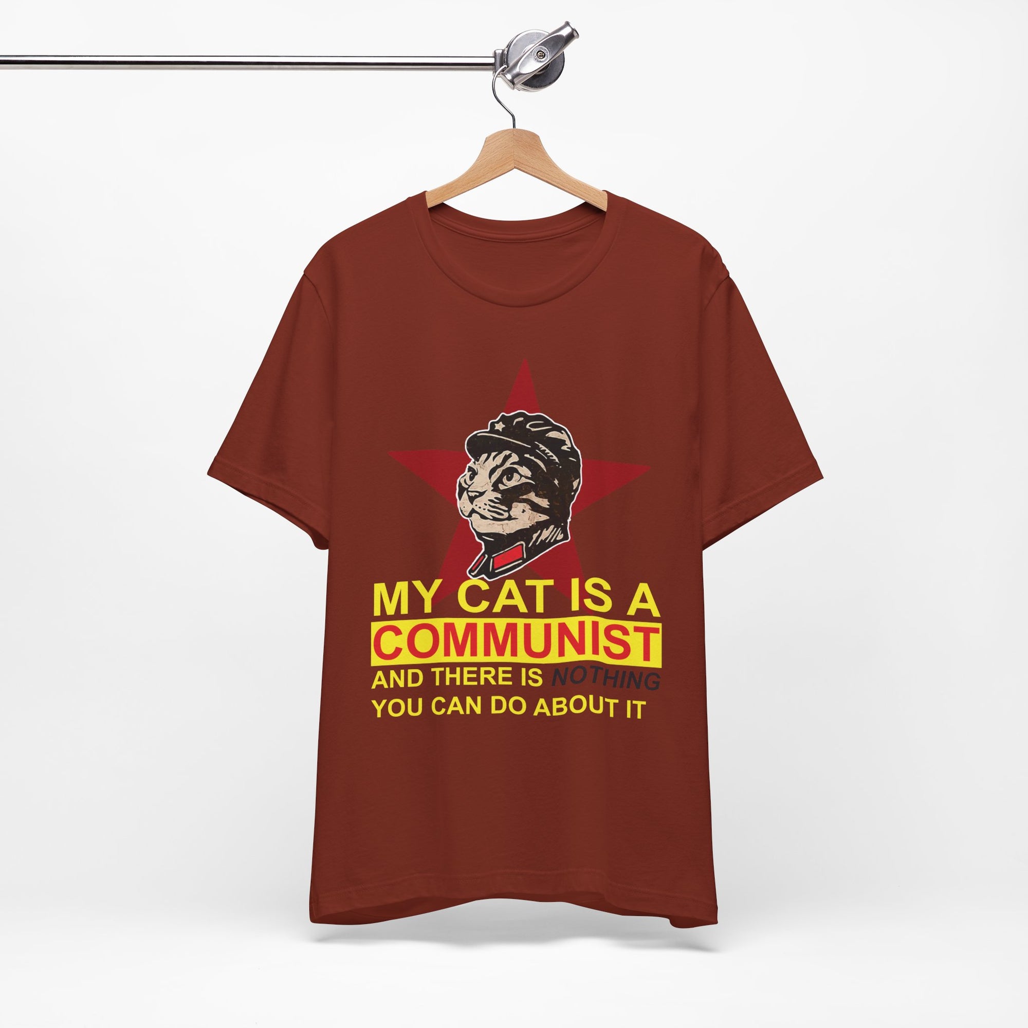 Brown t-shirt with a graphic and text on a hanger against a white background