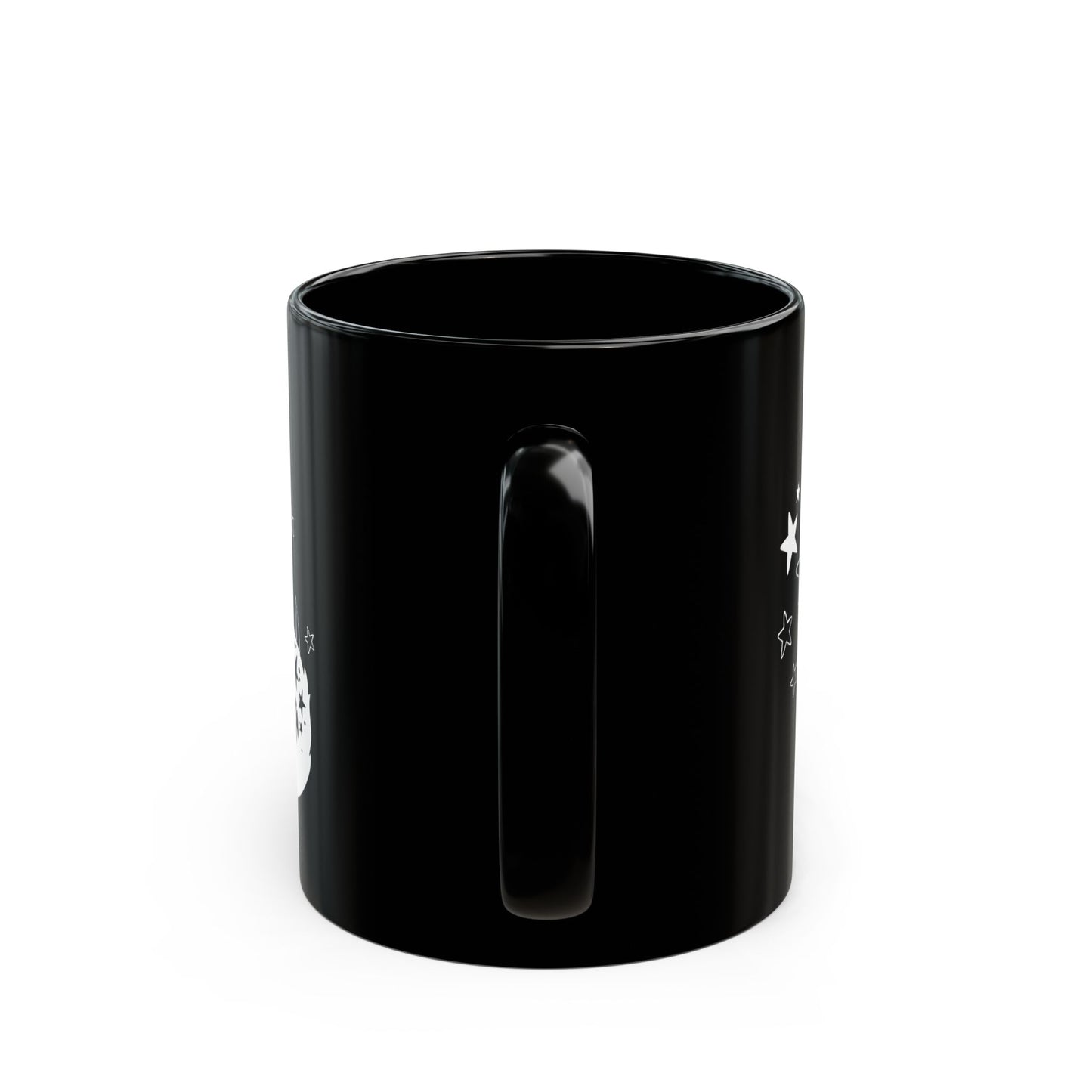 Black mug with white text and graphics on a white background