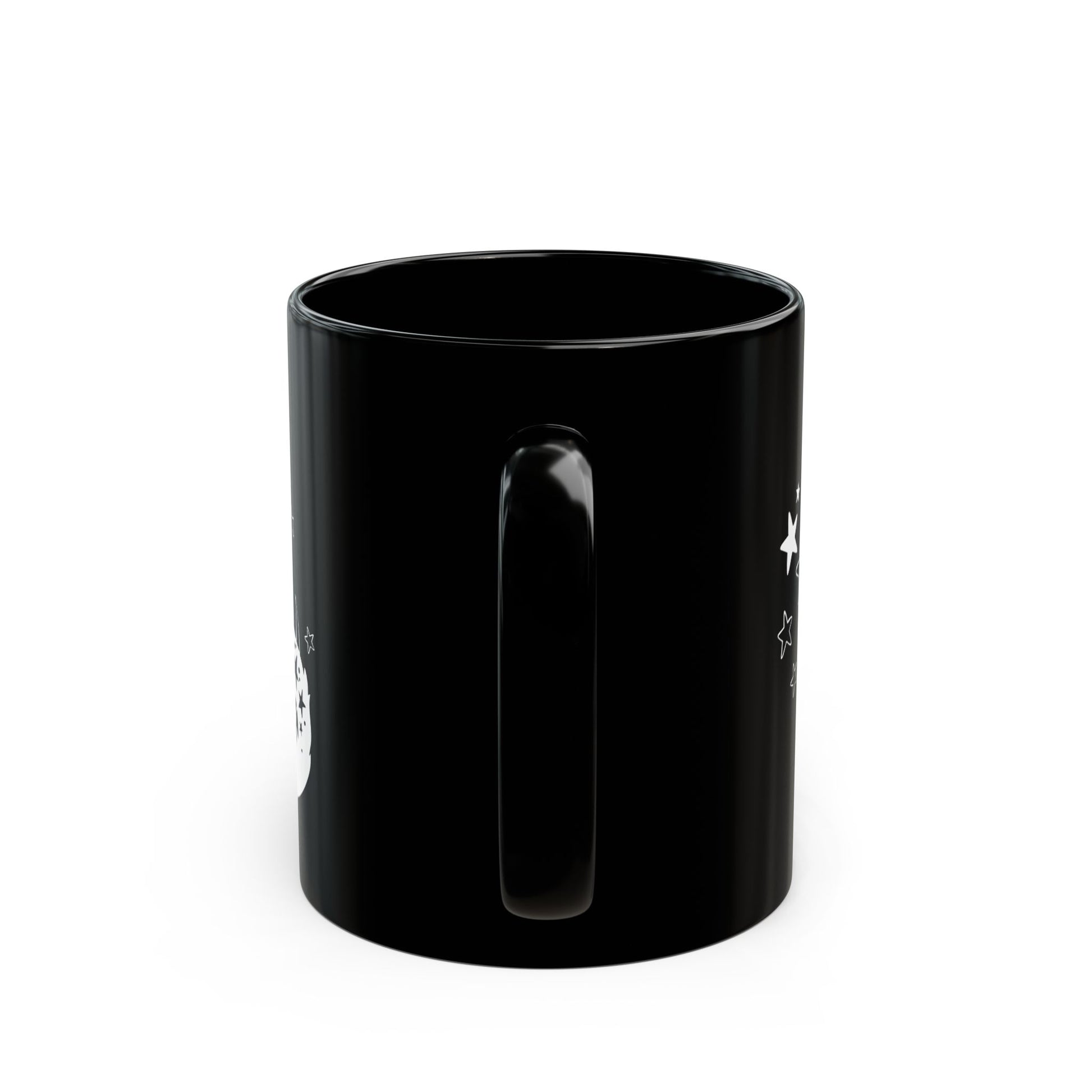 Black mug with white text and graphics on a white background