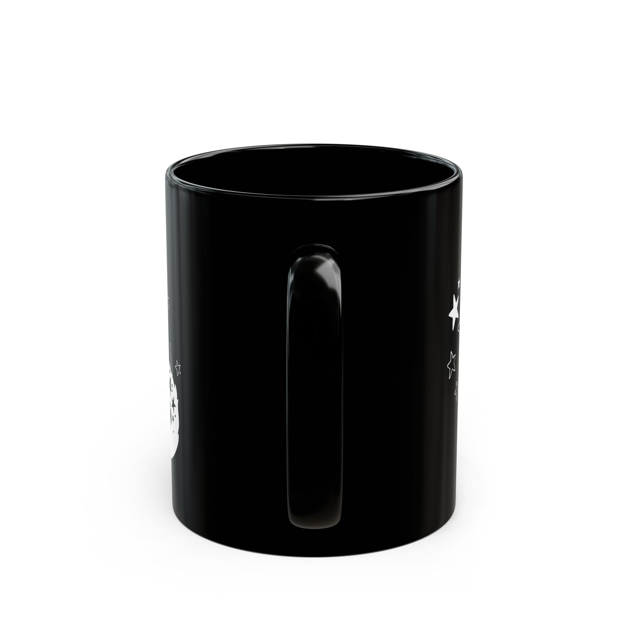 Black mug with white text and graphics on a white background