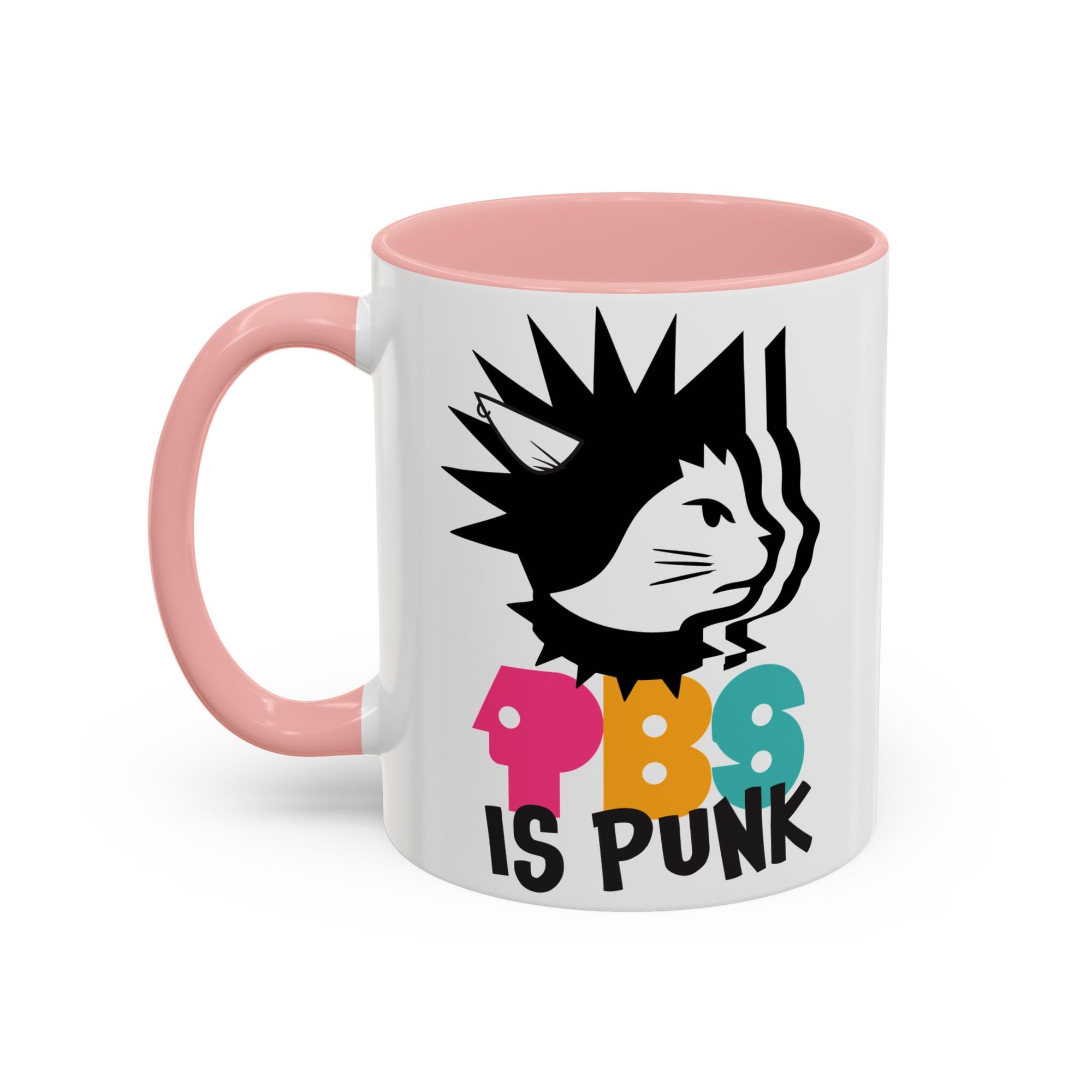Mug with pink handle and interior, featuring a graphic design and text on a white background
