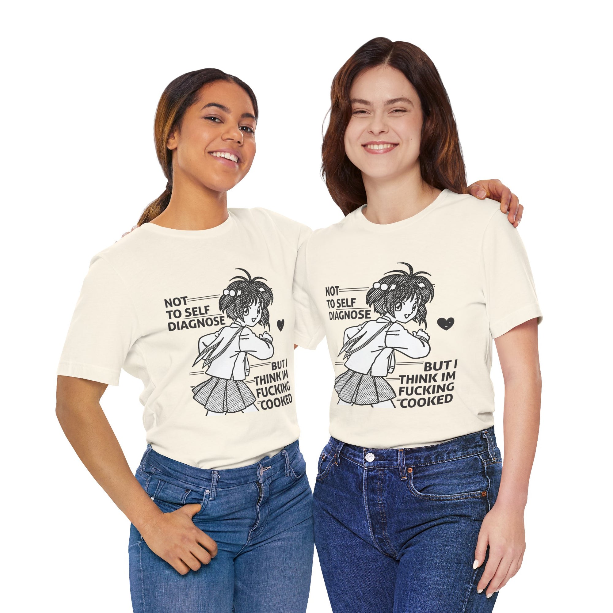 Two women wearing matching t-shirts with a graphic and text on a white background